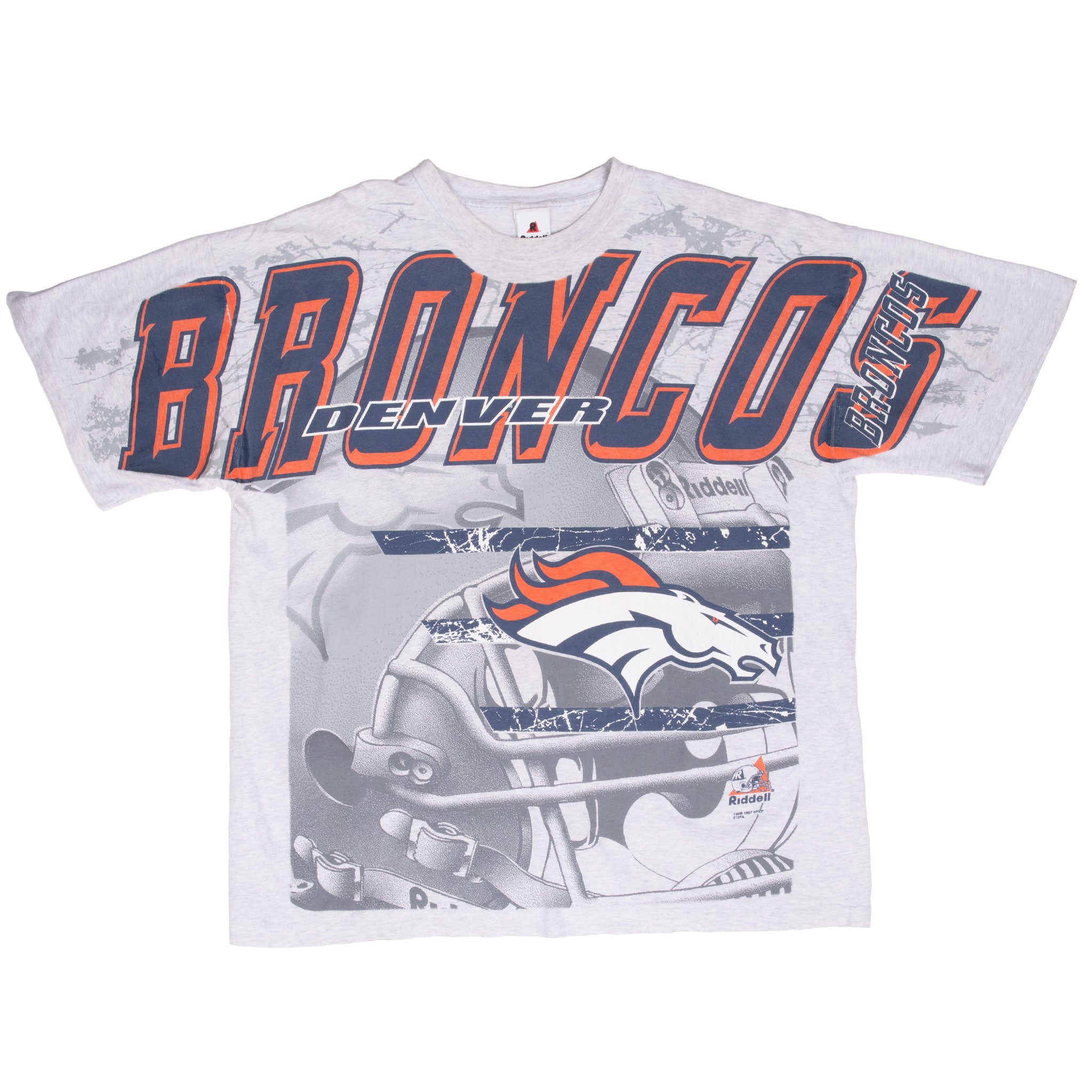 Vintage Nfl Denver Broncos All Over Print 1997 Tee Shirt Size XL Made In USA with Single Stitch Sleeves