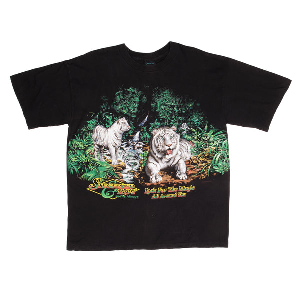 Vintage Siegfried & Roy At The Mirage Casino Las Vegas Look For The Magic All Around Animal Print Tee Shirt 1990S Size XL Made In USA With Single Stitch Sleeves