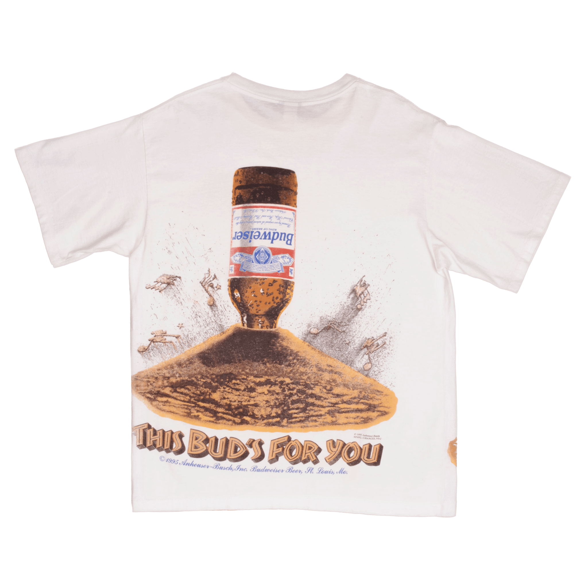 Vintage All Over Print Budweiser Ants This Bud Is For You Tee Shirt 1995 Size XL Made In USA With Single Stitch Sleeves