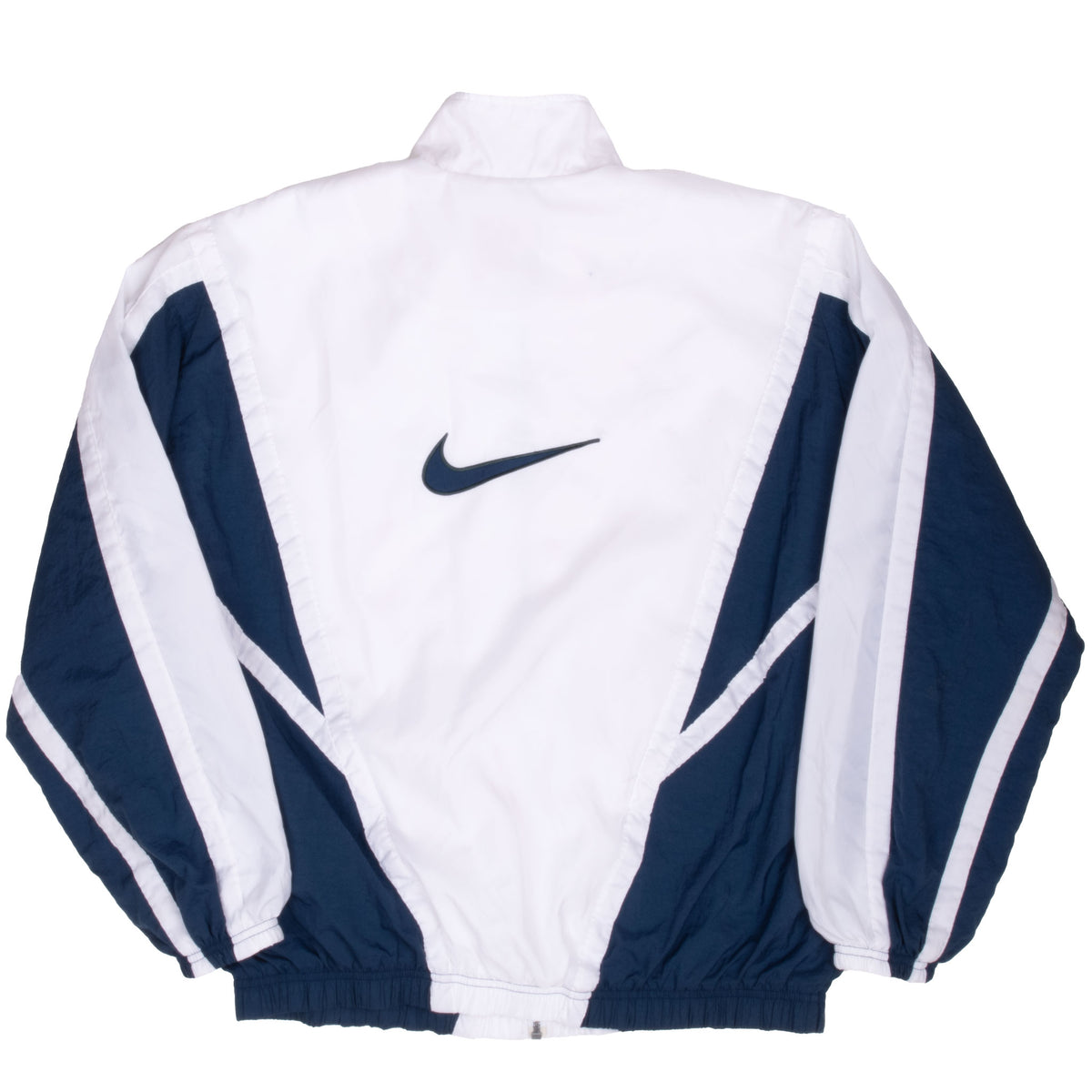 Back view of white and navy Nike windbreaker with large navy Swoosh