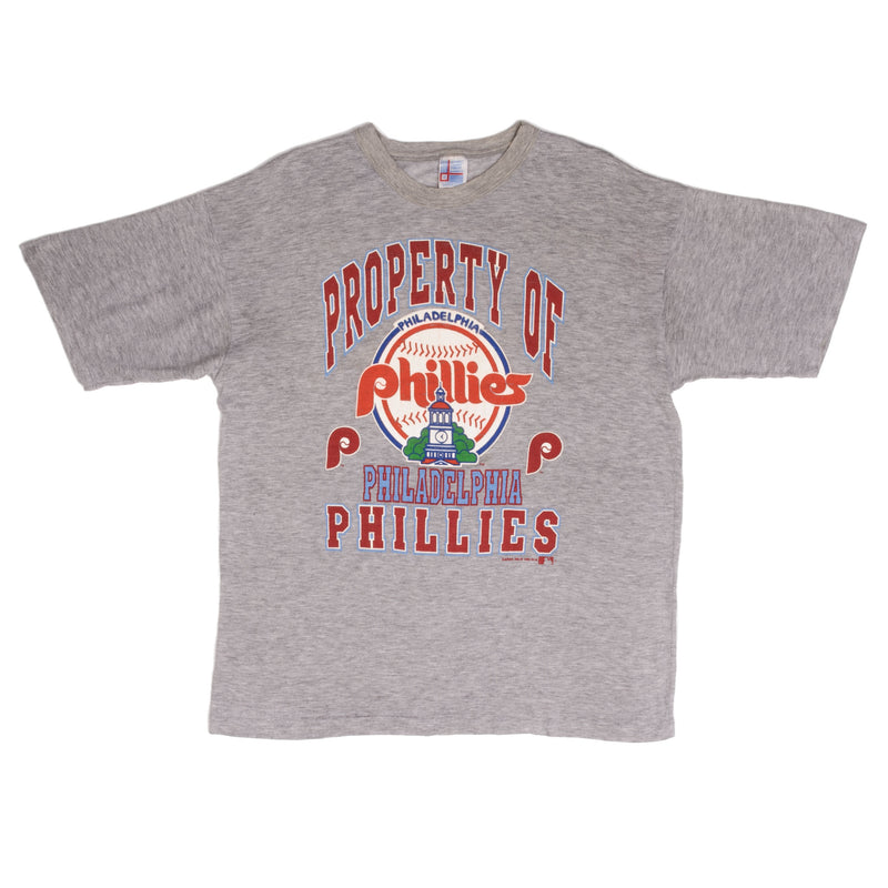Vintage MLB Philadelphia Phillies Tee Shirt 1990 Size XL Made In USA with single stitch sleeves.