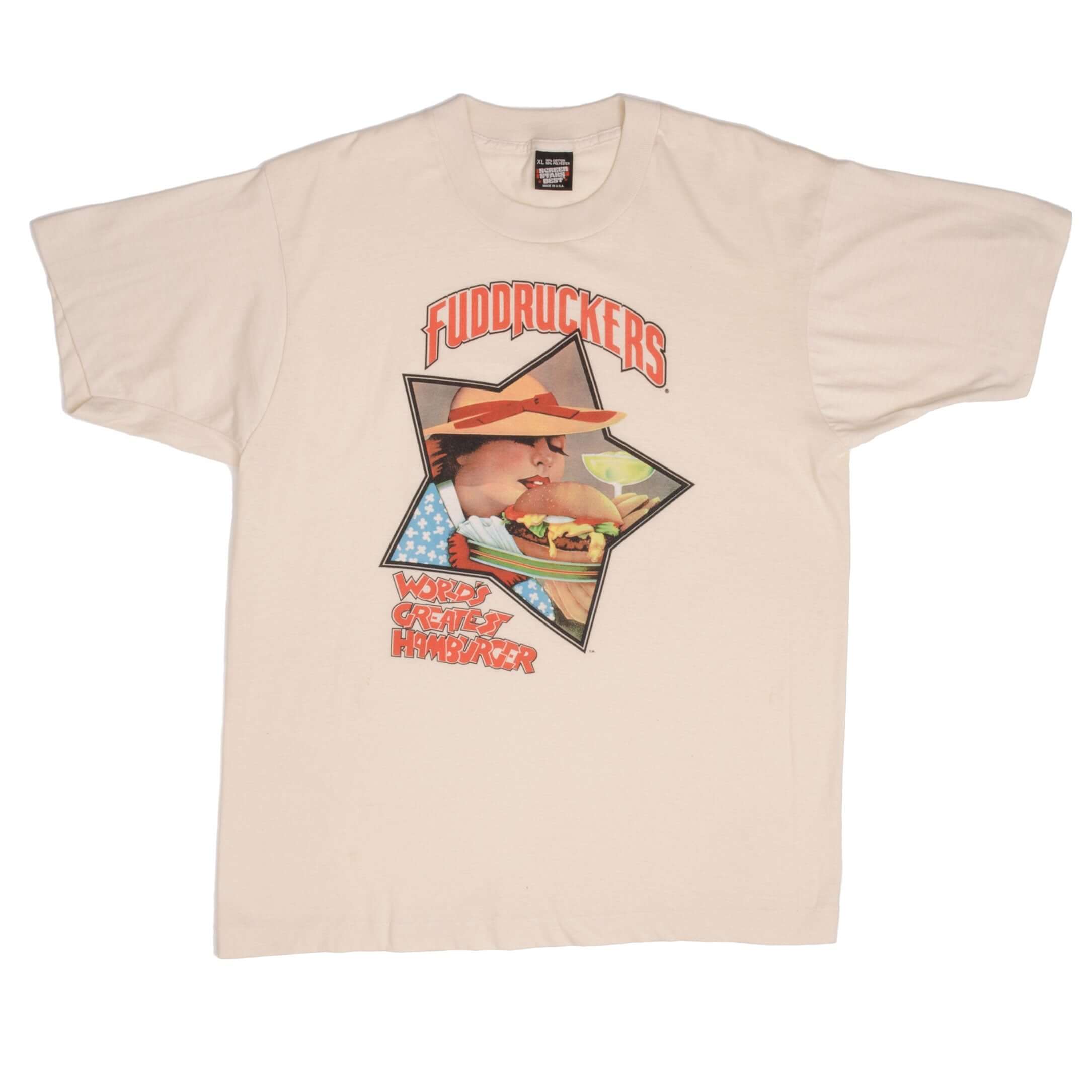 Vintage Fuddruckers World's Greatest Burgers 1990s Tee Shirt Size Large Made In USA With Single Stitch Sleeves