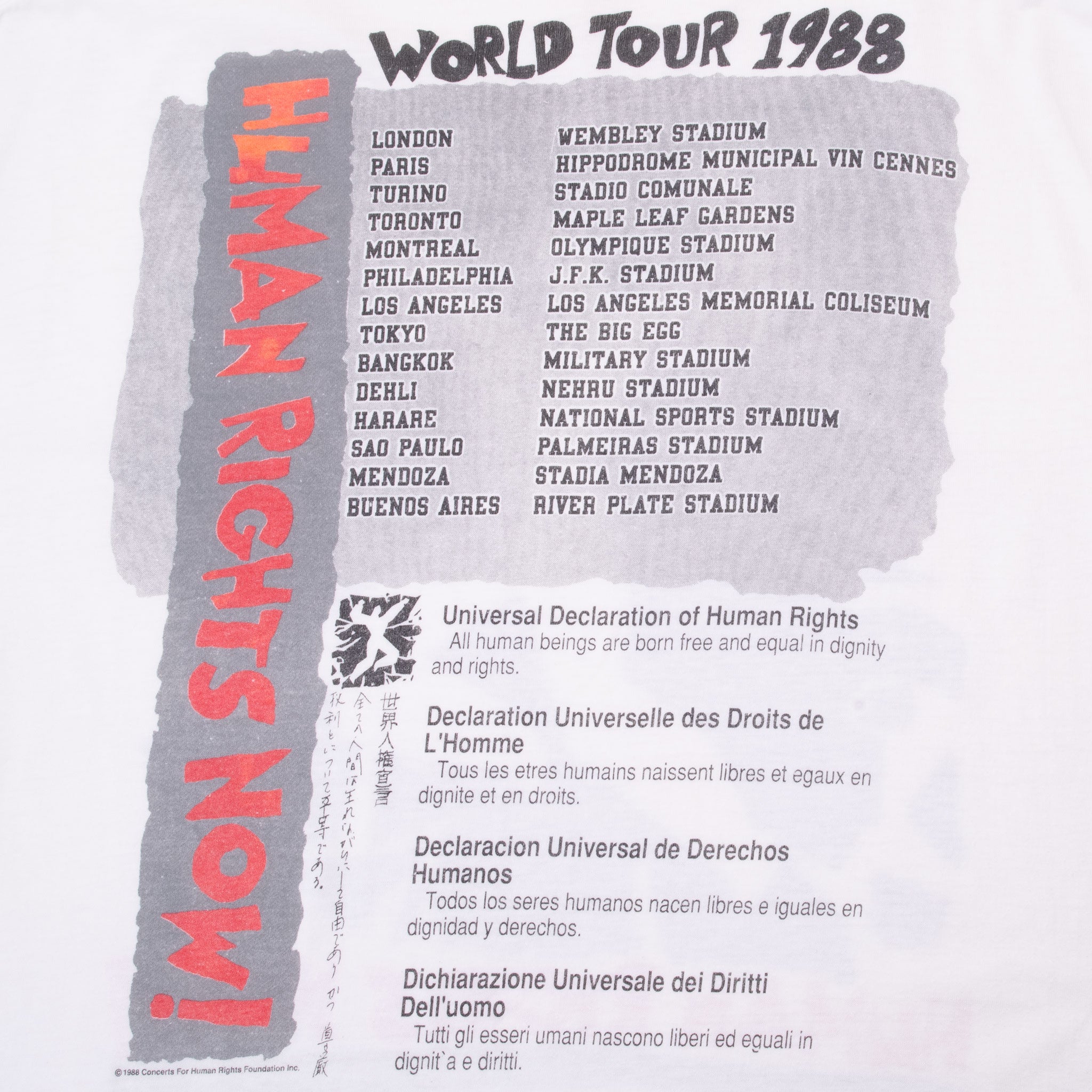 VINTAGE REEBOK HUMAN RIGHTS NOW 1988 TEE SHIRT SIZE LARGE