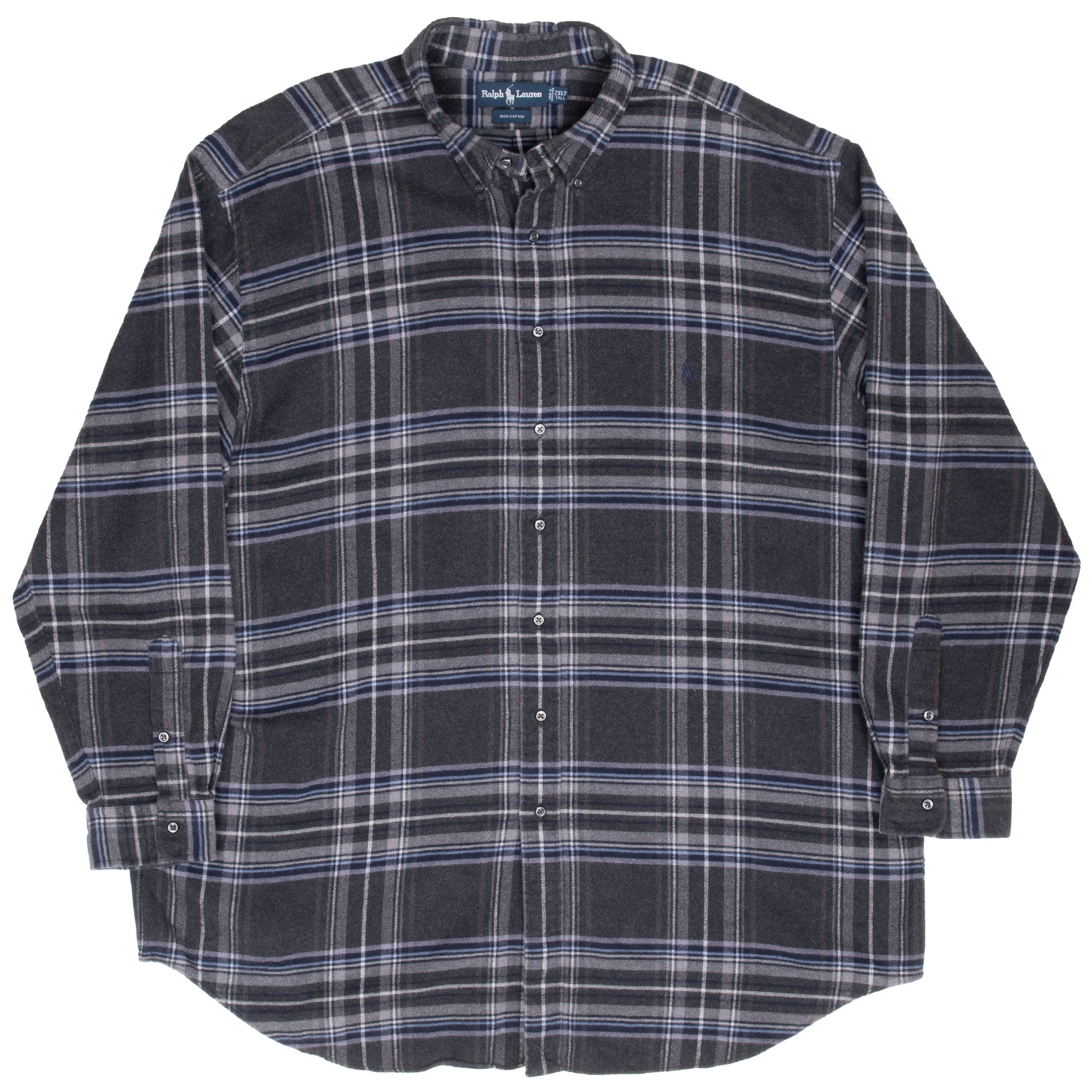 Vintage Ralph Lauren Grey Blue Plaid Checker Flannel Shirt 1990S Size 2Xl Tall