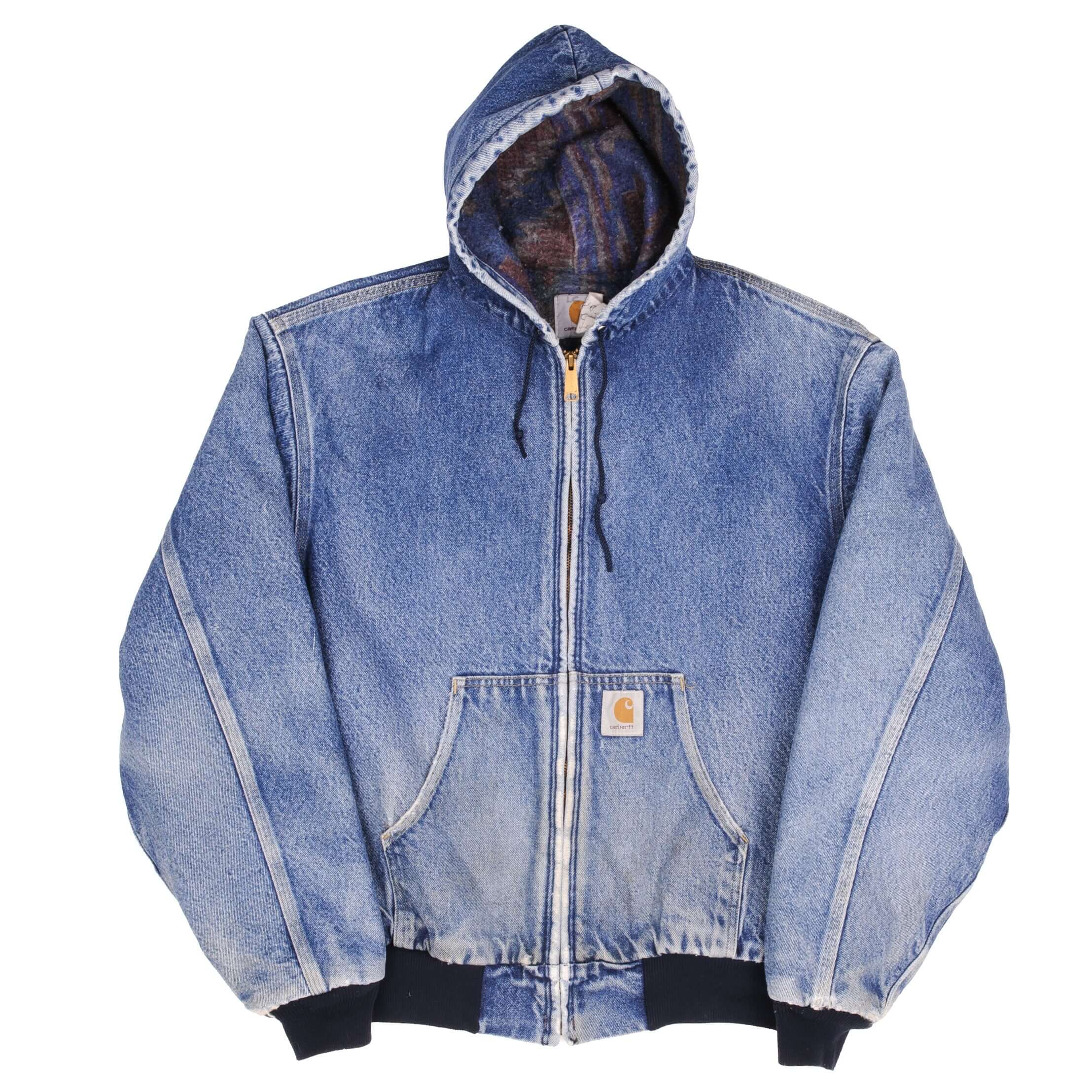 Vintage Carhartt Denim Hooded Active Jacket 1990S Size XL Made In Usa