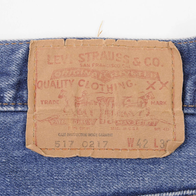 Beautiful Indigo Levis 517 1980s Jeans With Single Stitch Made in USA with Medium Blue Wash  Size 42x31 Back button #2  Zip: Talon