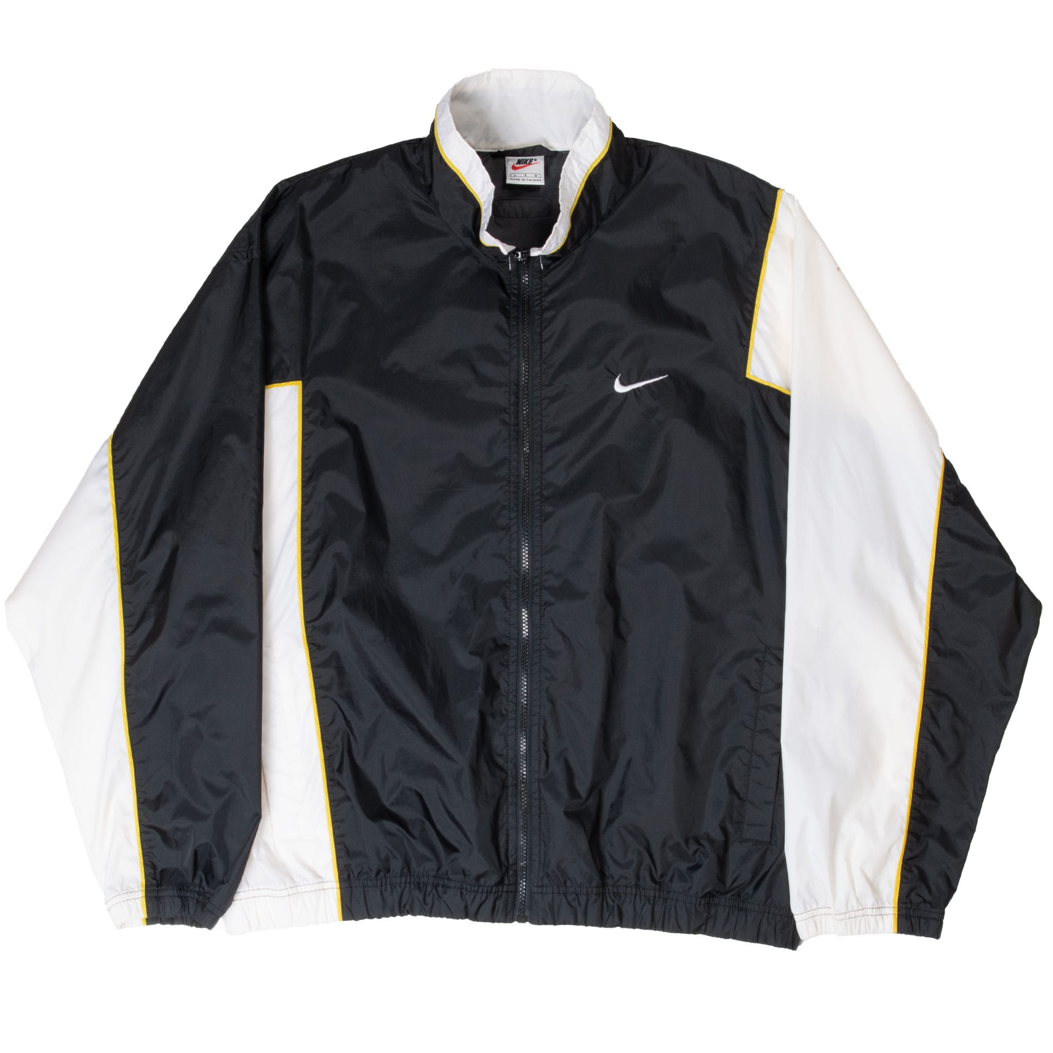 VINTAGE NIKE SWOOSH BLACK WHITE AND YELLOW WINDBREAKER JACKET 1990S LARGE