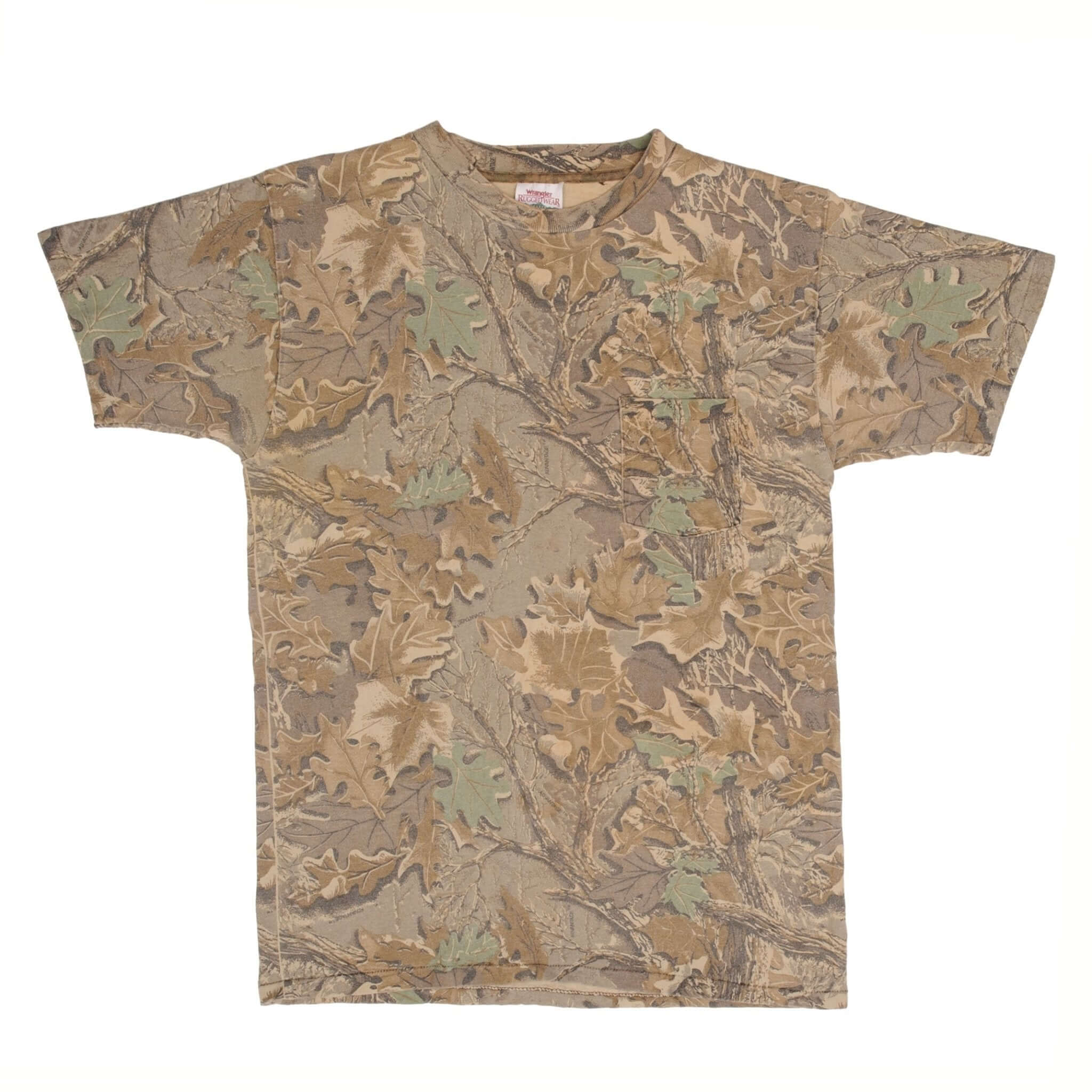 Vintage Hunting Advantage Camo Wrangler Pocket Tee Shirt 1990S Size Medium Made In USA With Single Stitch Sleeves