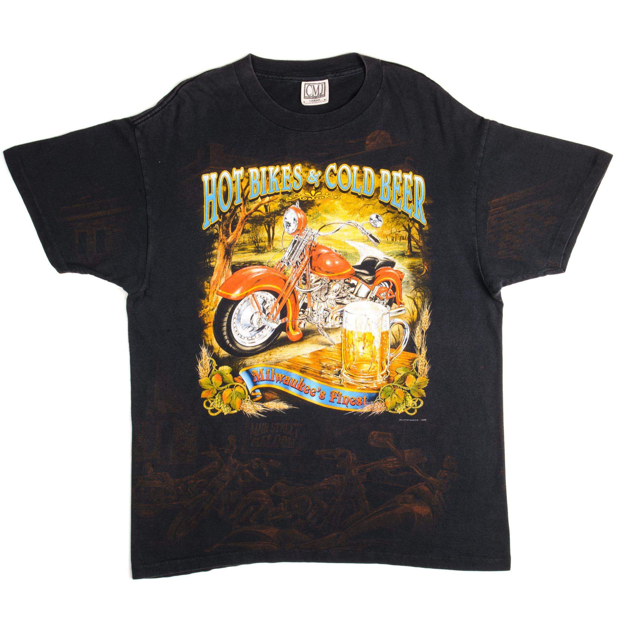 Vintage Sturgis Black Hills Rally Hot Bikes & Cold Beer Milwaukee's Finest Tee Shirt 1998 Size Large Made In USA With Single Stitch Sleeves.