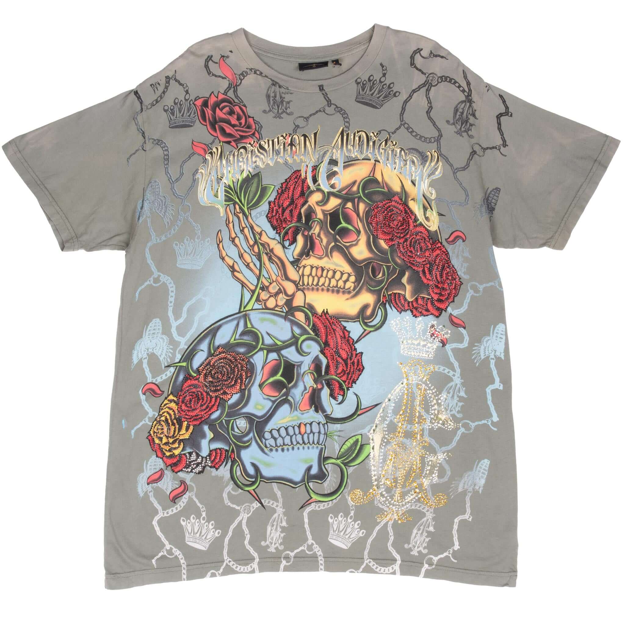 Vintage Christian Audigier Rhinestones Skull All Over Print Tee Shirt 2000S Size XL Made In Usa