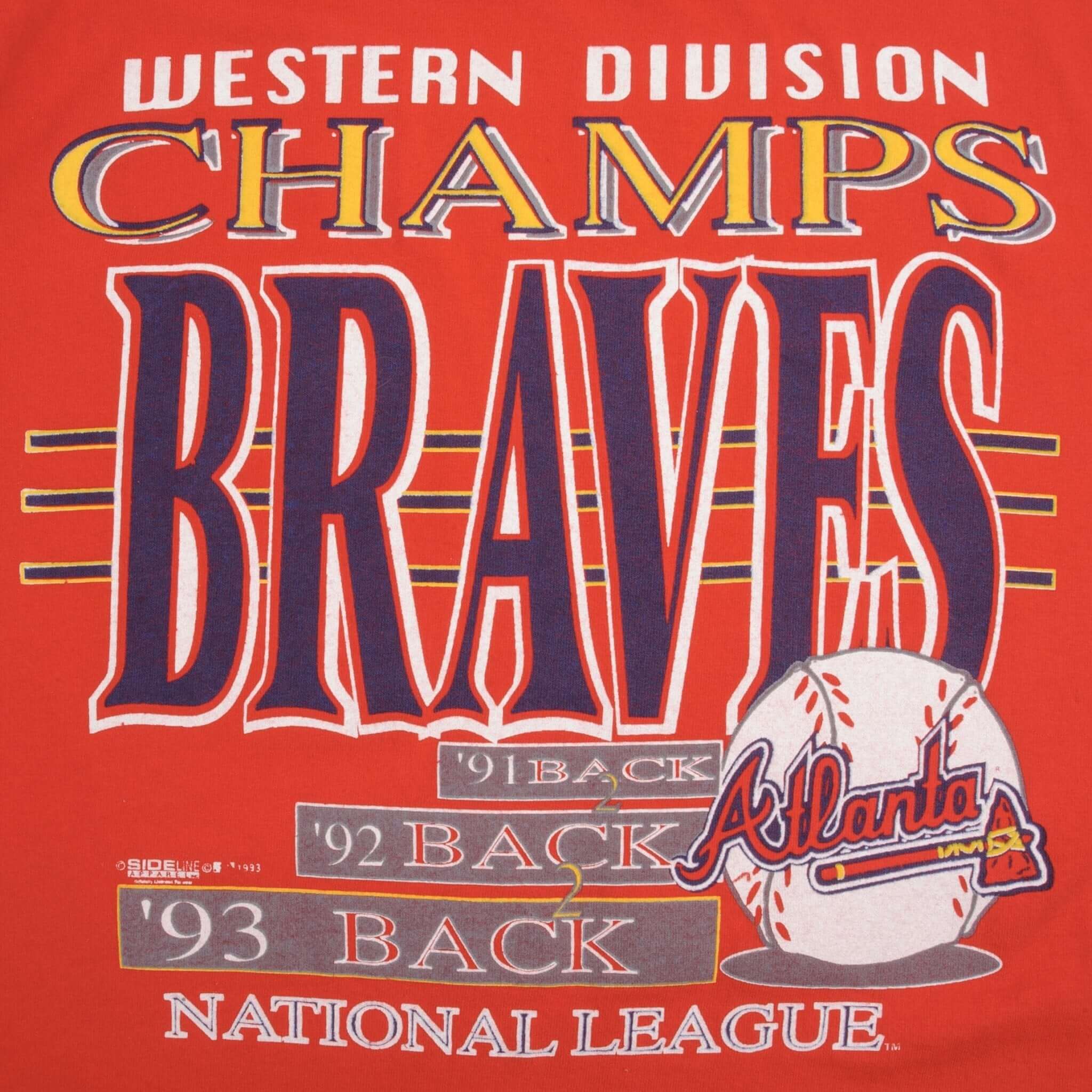 Vintage MLB Atlanta Braves Western Division Champions 1993 Tee Shirt Size Large Made In USA With Single Stitch Sleeves