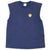 Full front of navy Nike sleeveless shirt with small yellow basketball Swoosh graphic