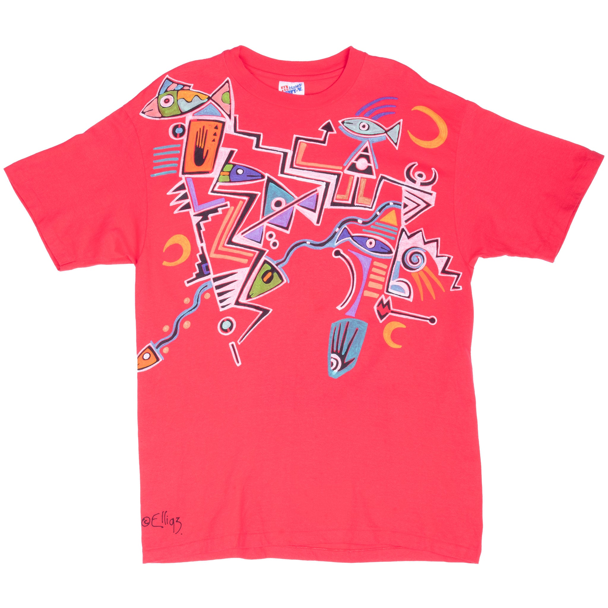Vintage Hand Painted Native Petroglyph Art Tee Shirt By Elli 1993 Size Large Made Usa With Single Stitch Sleeves