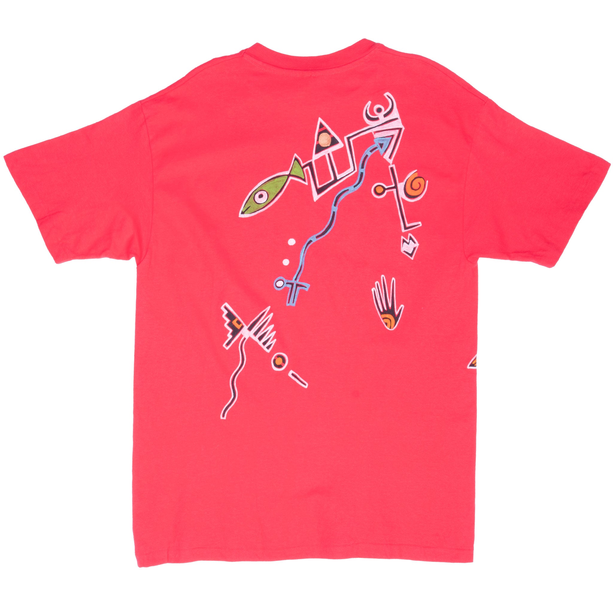 Vintage Hand Painted Native Petroglyph Art Tee Shirt By Elli 1993 Size Large Made Usa With Single Stitch Sleeves