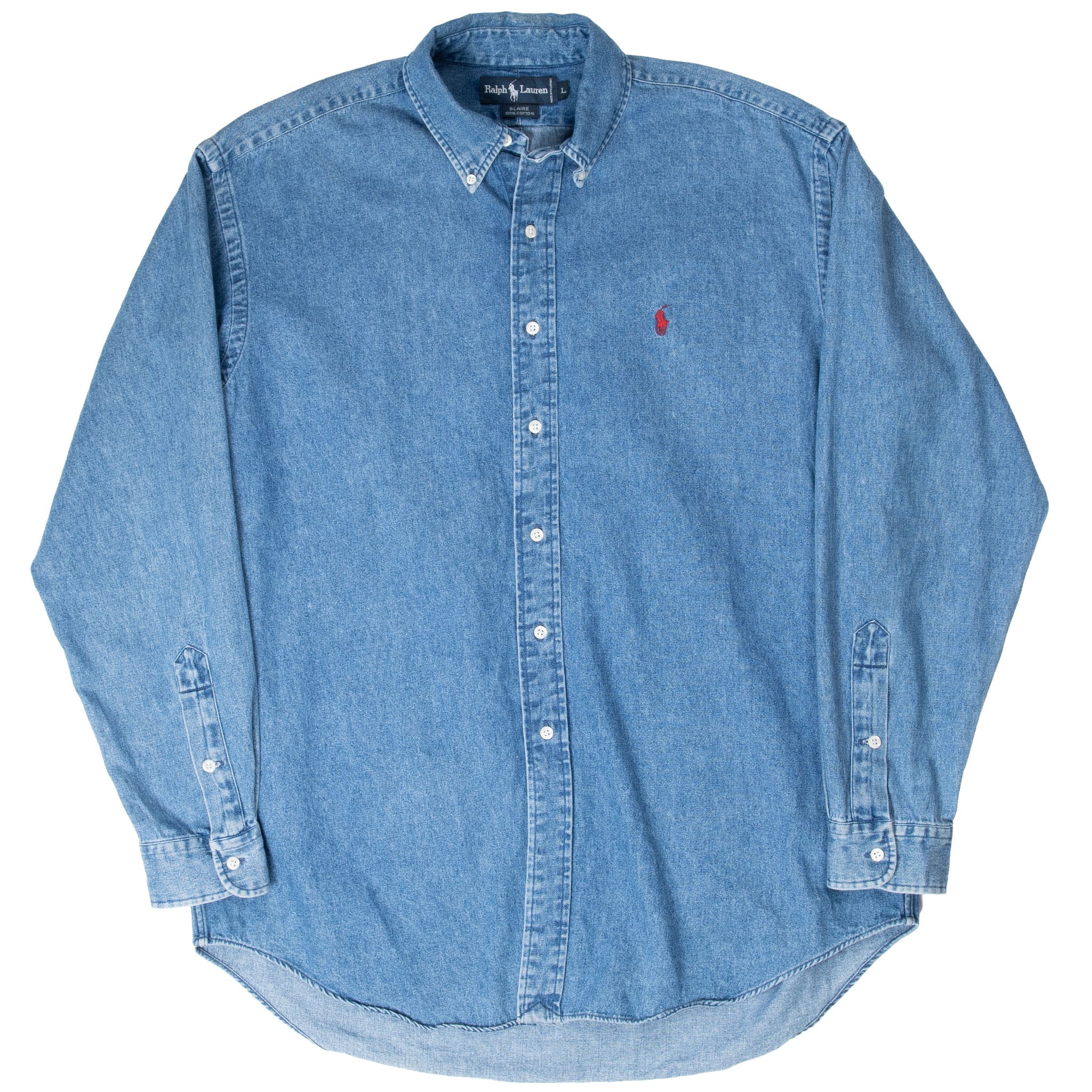 VINTAGE RALPH LAUREN BLUE DENIM SHIRT 1990S SIZE LARGE