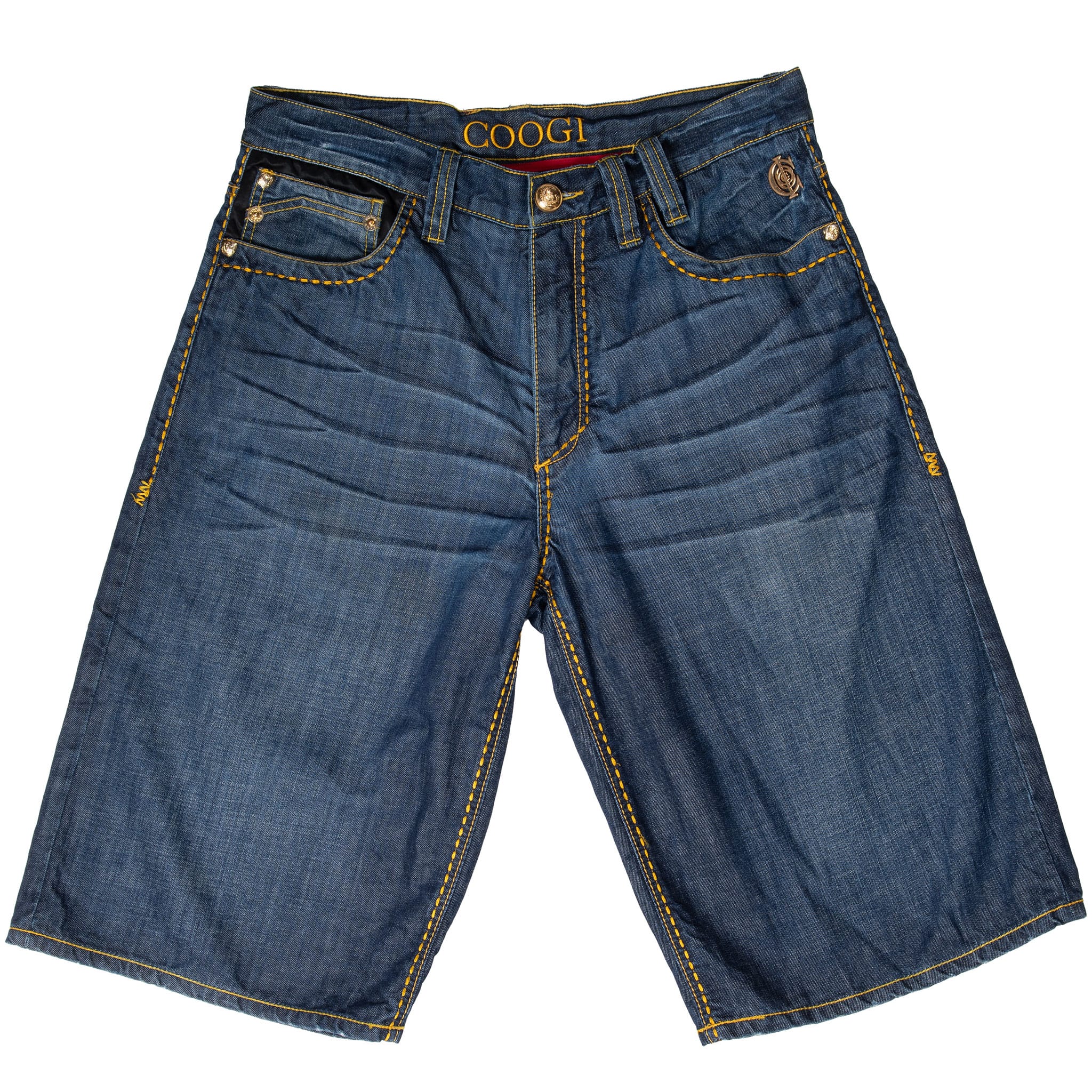 Front of Coogi dark wash baggy denim shorts with gold stitching and whiskering
