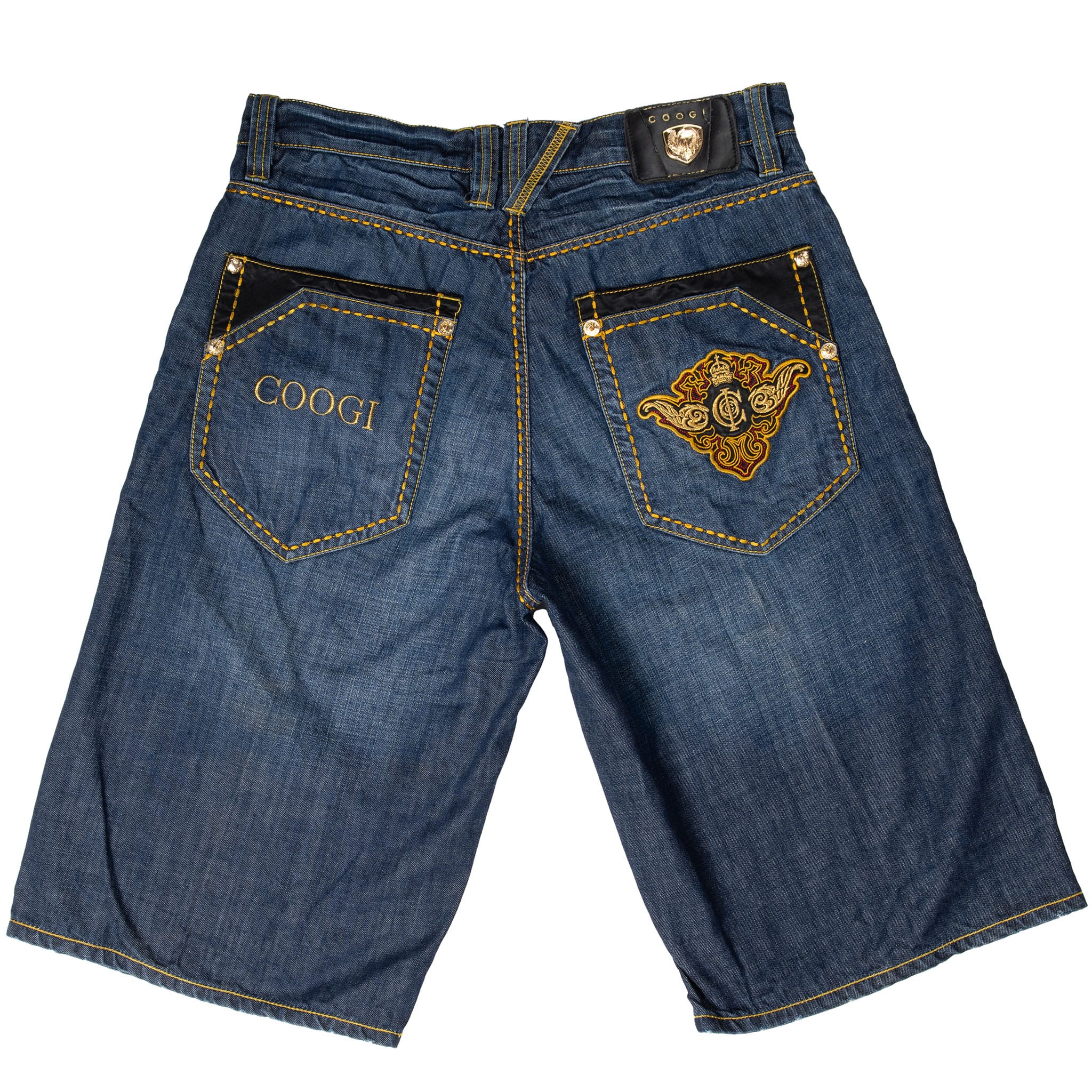 Back of Coogi dark wash denim shorts with embroidered pockets and black trim