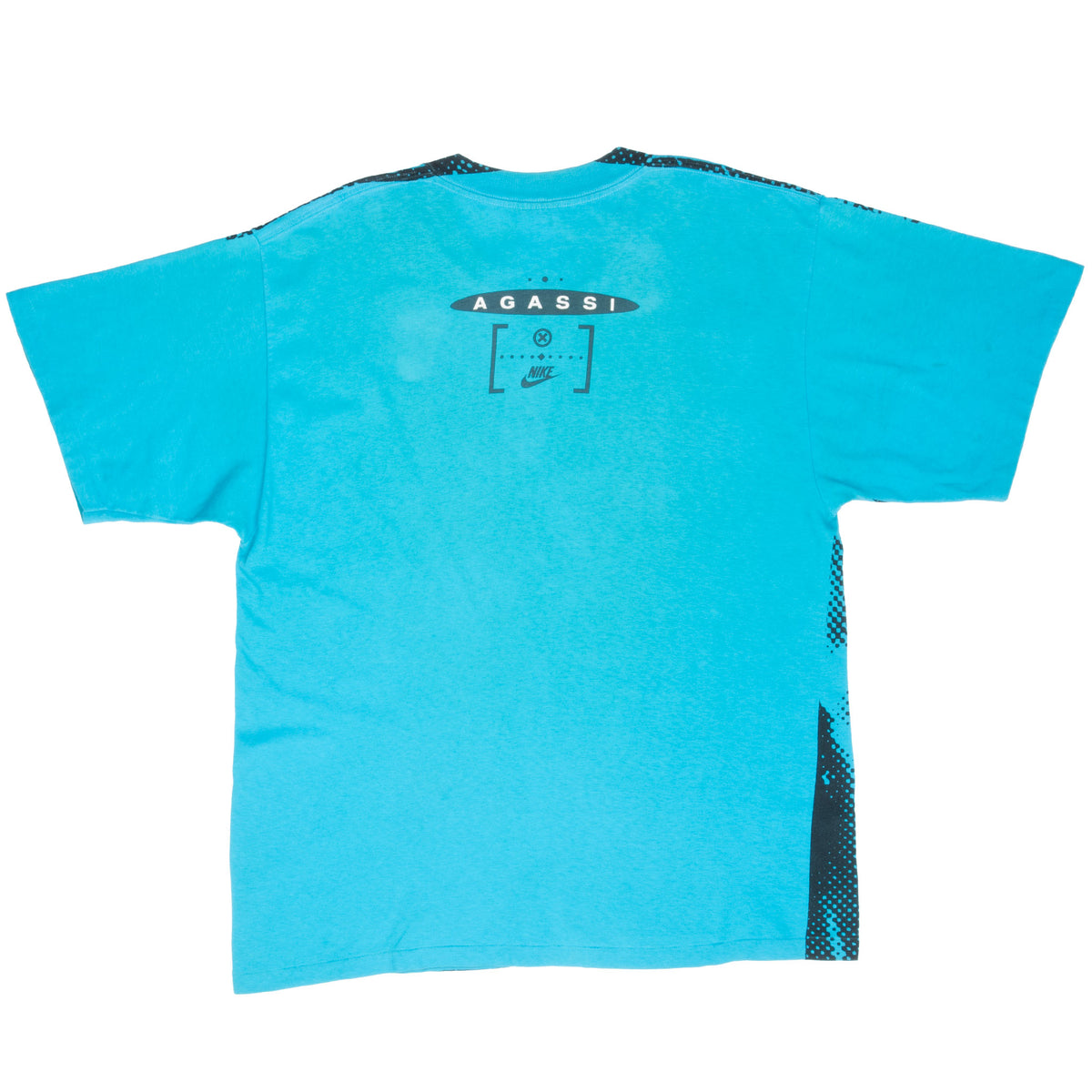 Back of turquoise Nike Andre Agassi T-shirt with small upper-back graphic and side print