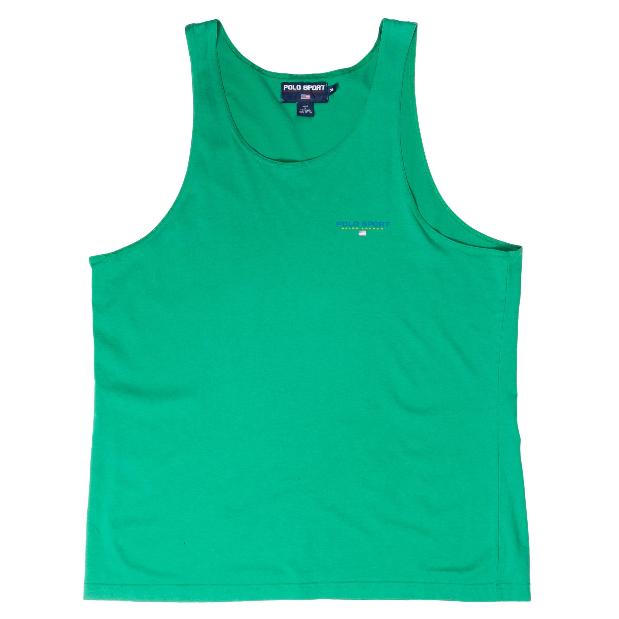 Full front of green Polo Sport Ralph Lauren tank top with scoop neck and chest logo