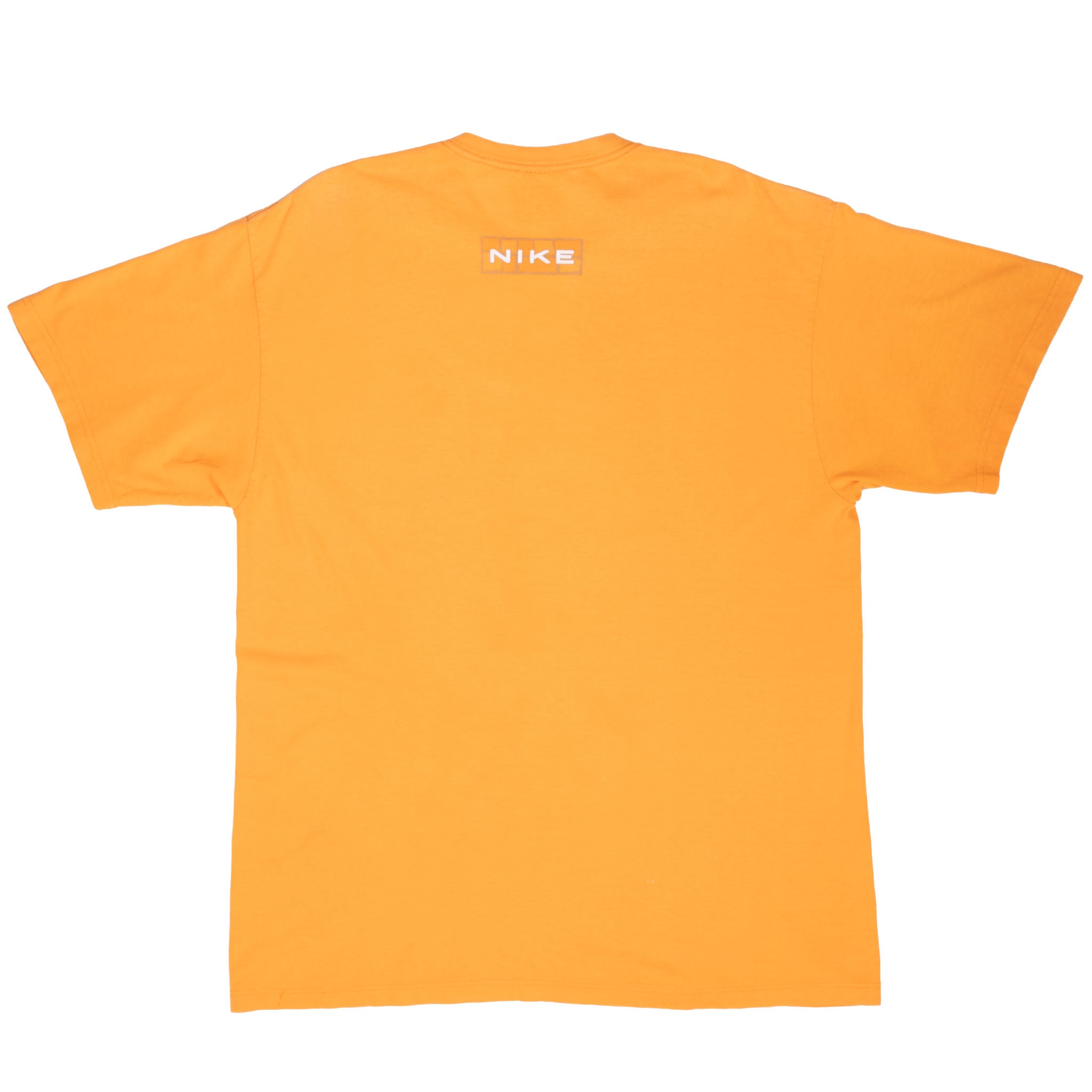 Back of orange Nike T-shirt with small Nike wordmark below the neckline