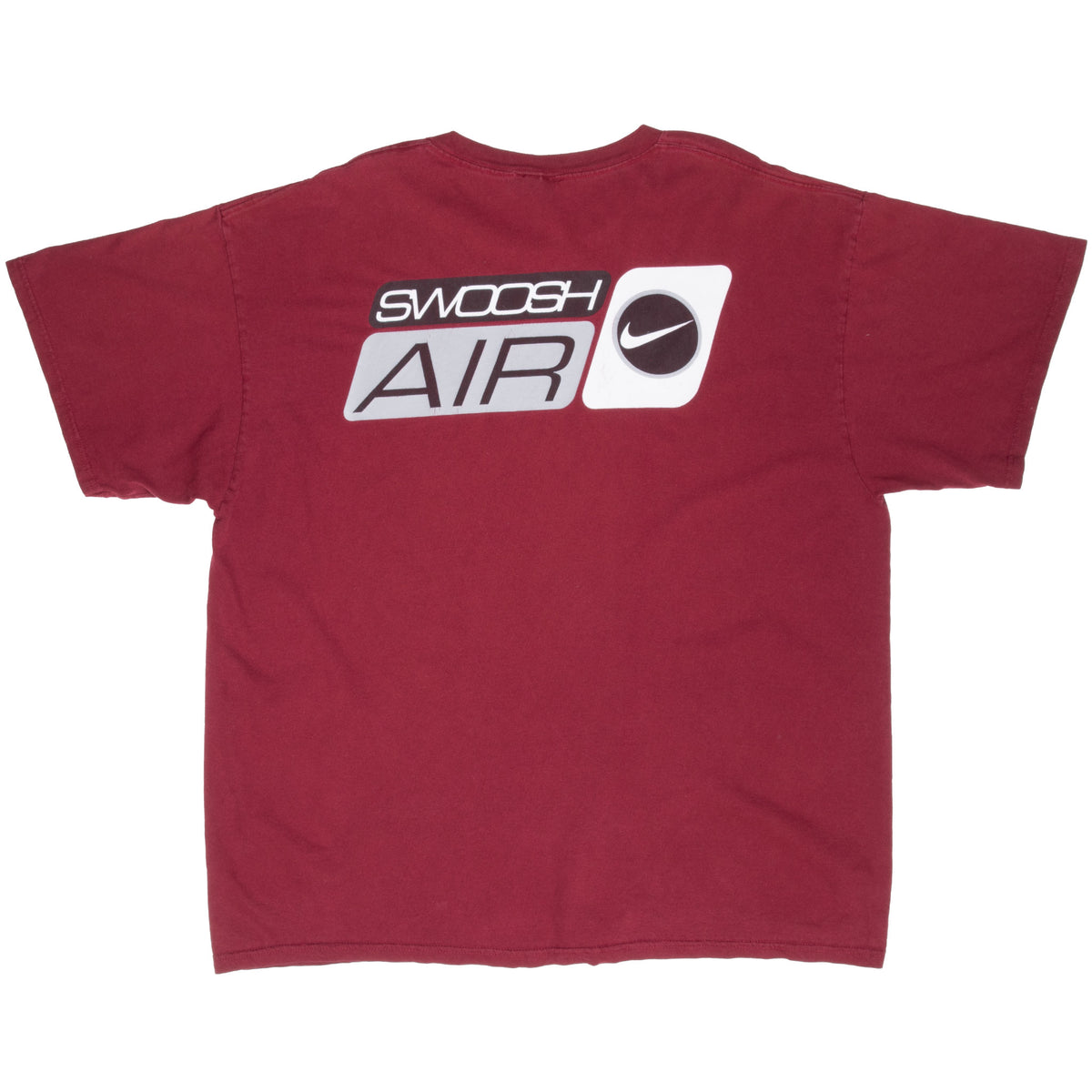 Back of burgundy Nike T-shirt with Swoosh Air graphic across the upper back