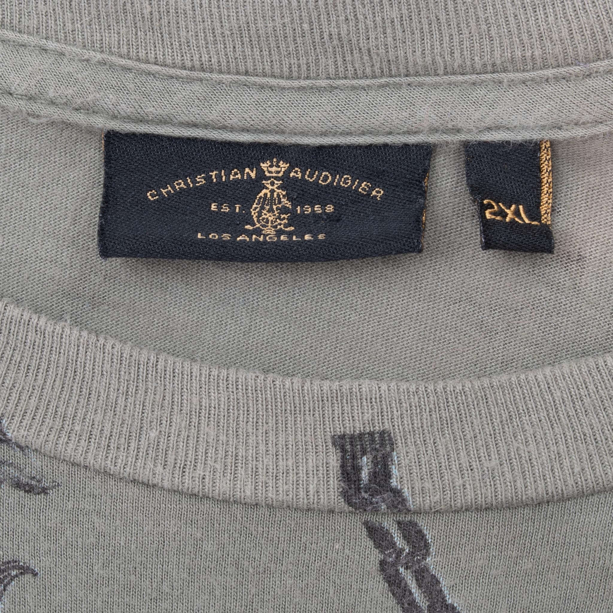 Vintage Christian Audigier Rhinestones Skull All Over Print Tee Shirt 2000S Size XL Made In Usa