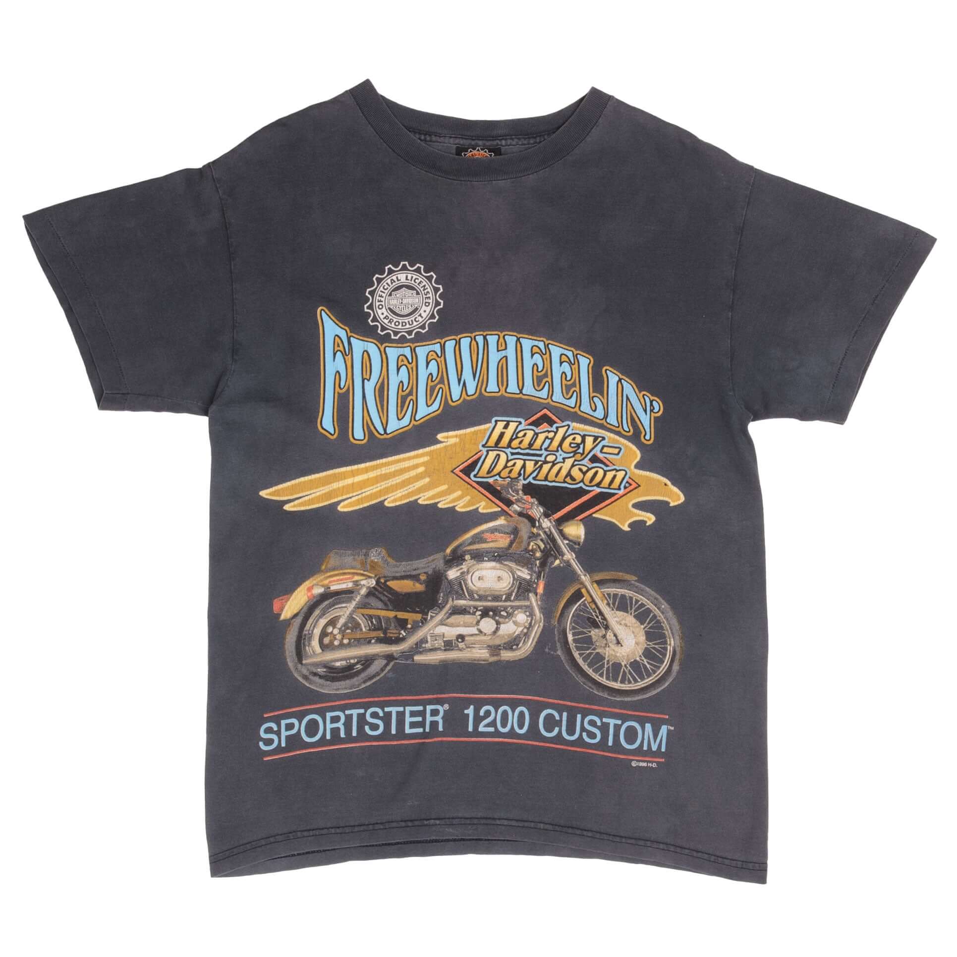 Vintage Harley Davidson Freewheelin' Sportster 1200 Custom Tee Shirt 1996 Size Medium Made In USA With Single Stitch Sleeves
