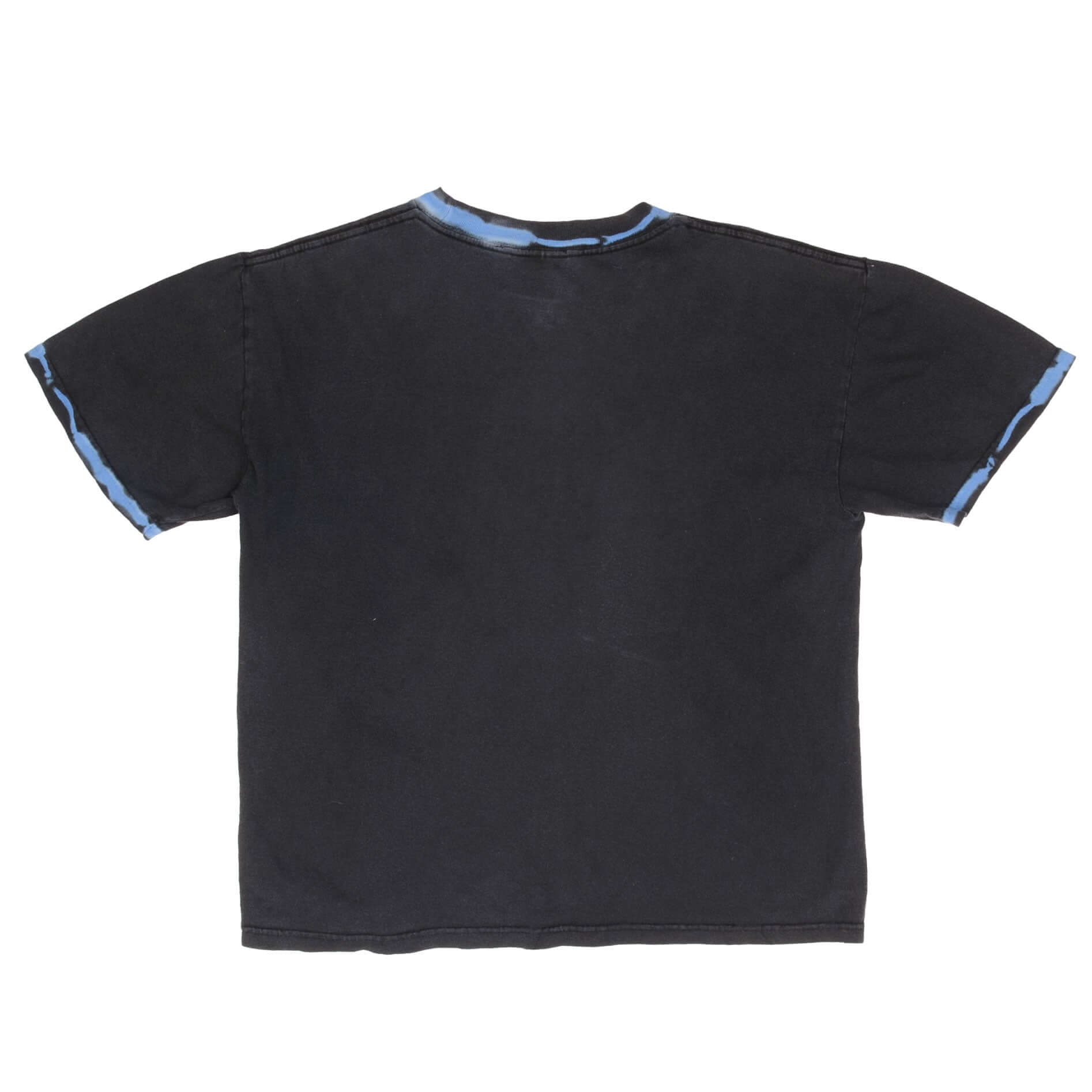 Plain back of black Yu-Gi-Oh youth tee with blue trim at the collar and sleeves
