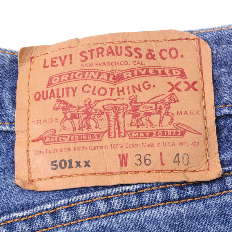 Beautiful Indigo Levis 501 Jeans 1990S Made in USA with Medium wash Size on Tag 36X40 Actual Size 34X37 Back Button #653