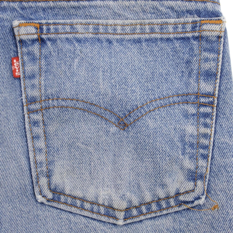 Beautiful Indigo Levis 505 Short Jeans Made in USA with a medium light blue wash 1980S With Light Whiskers  Size 28  Back Button #513