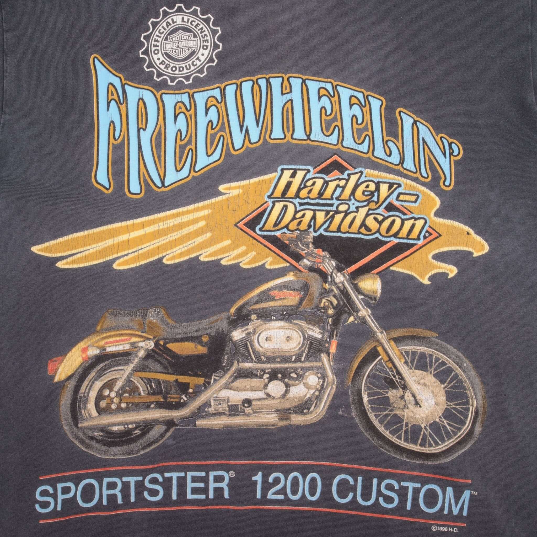 Vintage Harley Davidson Freewheelin' Sportster 1200 Custom Tee Shirt 1996 Size Medium Made In USA With Single Stitch Sleeves