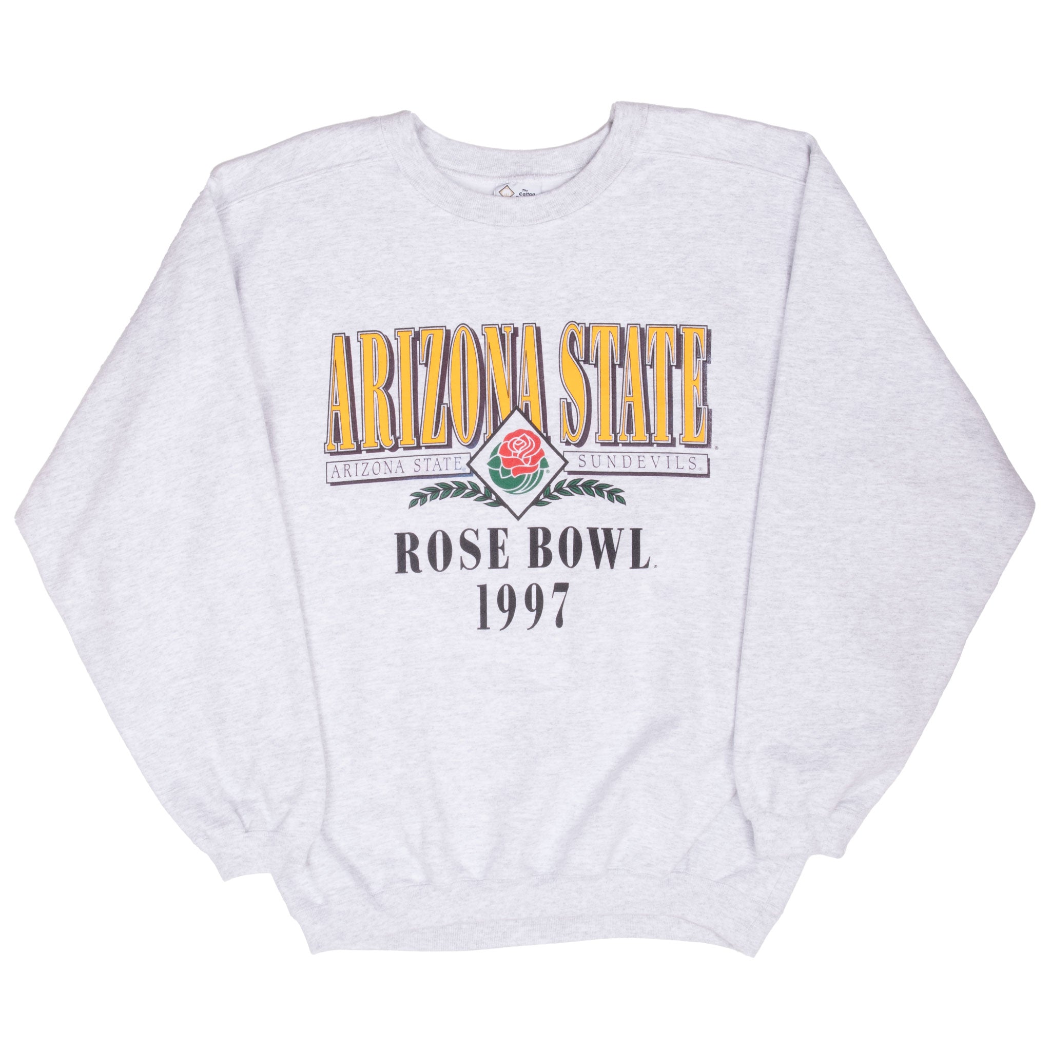 White sweatshirt with 'Arizona State' and 'Rose Bowl 1997' text on a white background Vintage Ncaa Arizona State Sun Devils Rose Bowl 1997 Grey Sweatshirt Size Medium Made In Usa
