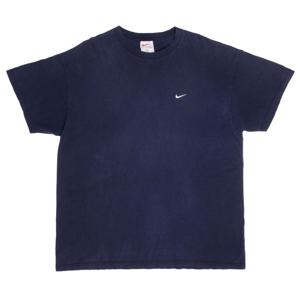 Vintage Nike Small Swoosh Embroidered Blue Tee Shirt Late 1990s Size XL Made In USA.