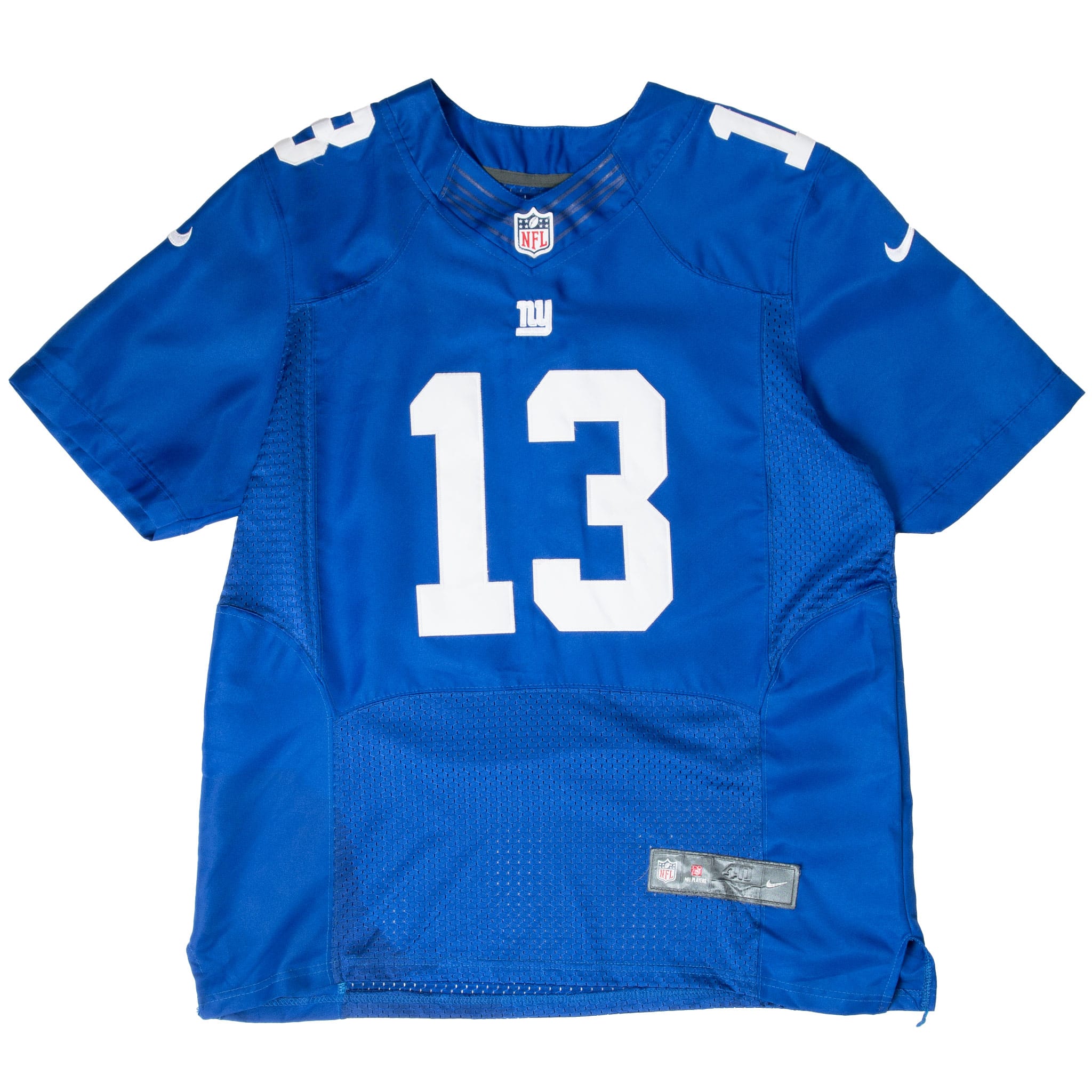 Full front view of blue Giants Nike jersey with white number 13, NFL shield and mesh panels