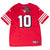 Full front view of red Nike 49ers #10 jersey with NFL shield, white sleeve stripes and hangtag