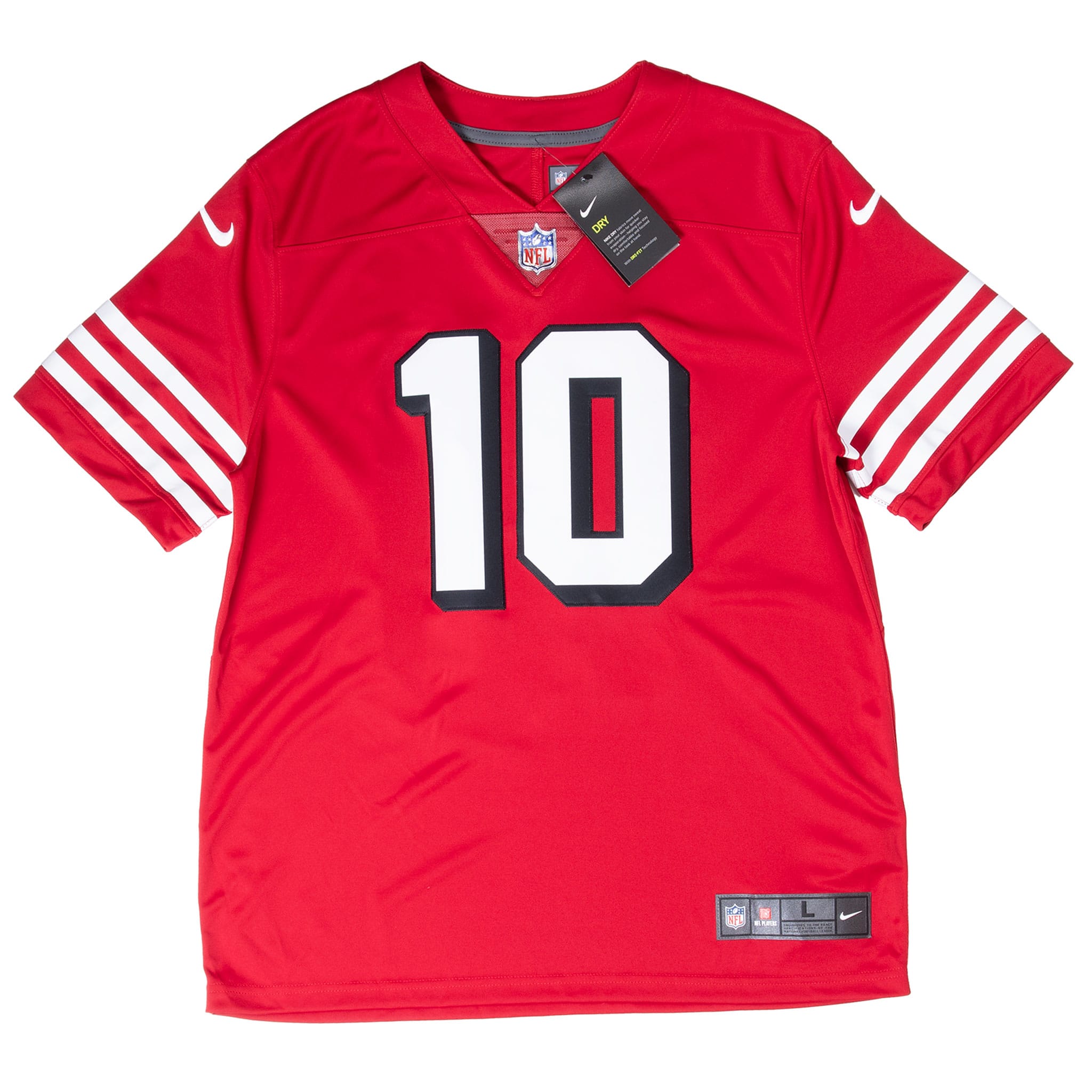 Full front view of red Nike 49ers #10 jersey with NFL shield, white sleeve stripes and hangtag
