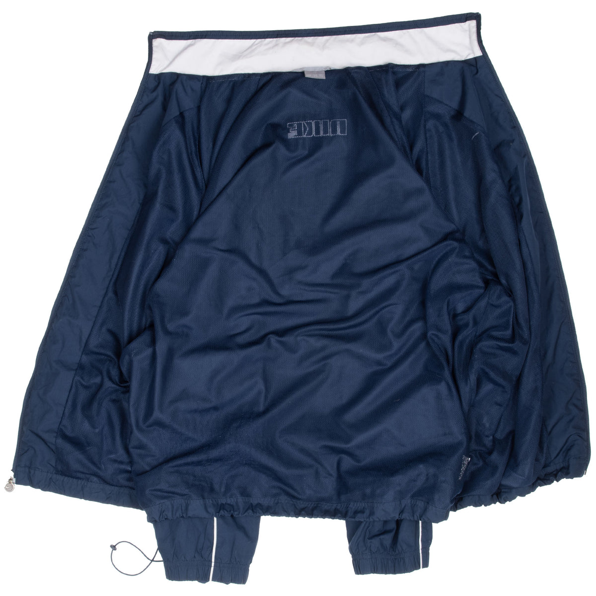 Inside view of navy Nike windbreaker with mesh lining and white collar panel