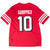 Back of red 49ers jersey with GAROPPOLO nameplate, white number 10 and striped sleeves