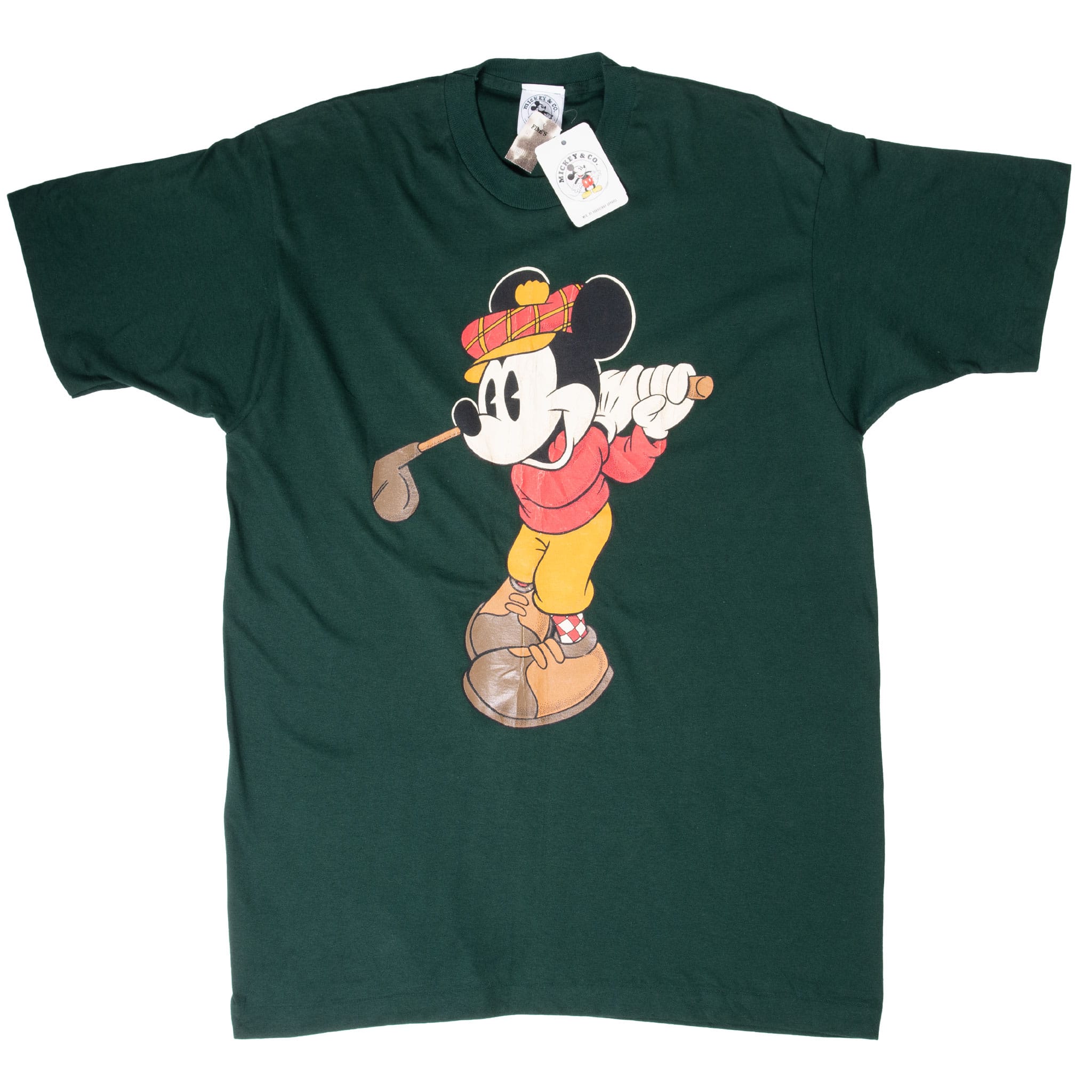 Full front of dark green Disney T-shirt with Mickey Mouse golf graphic and attached tags