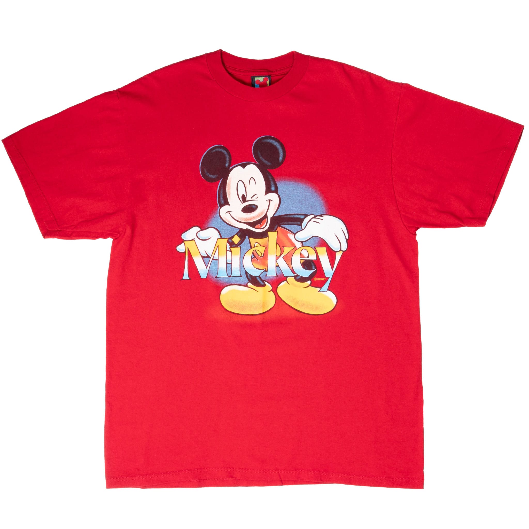 Full front view of red Disney Mickey Mouse short-sleeve T-shirt