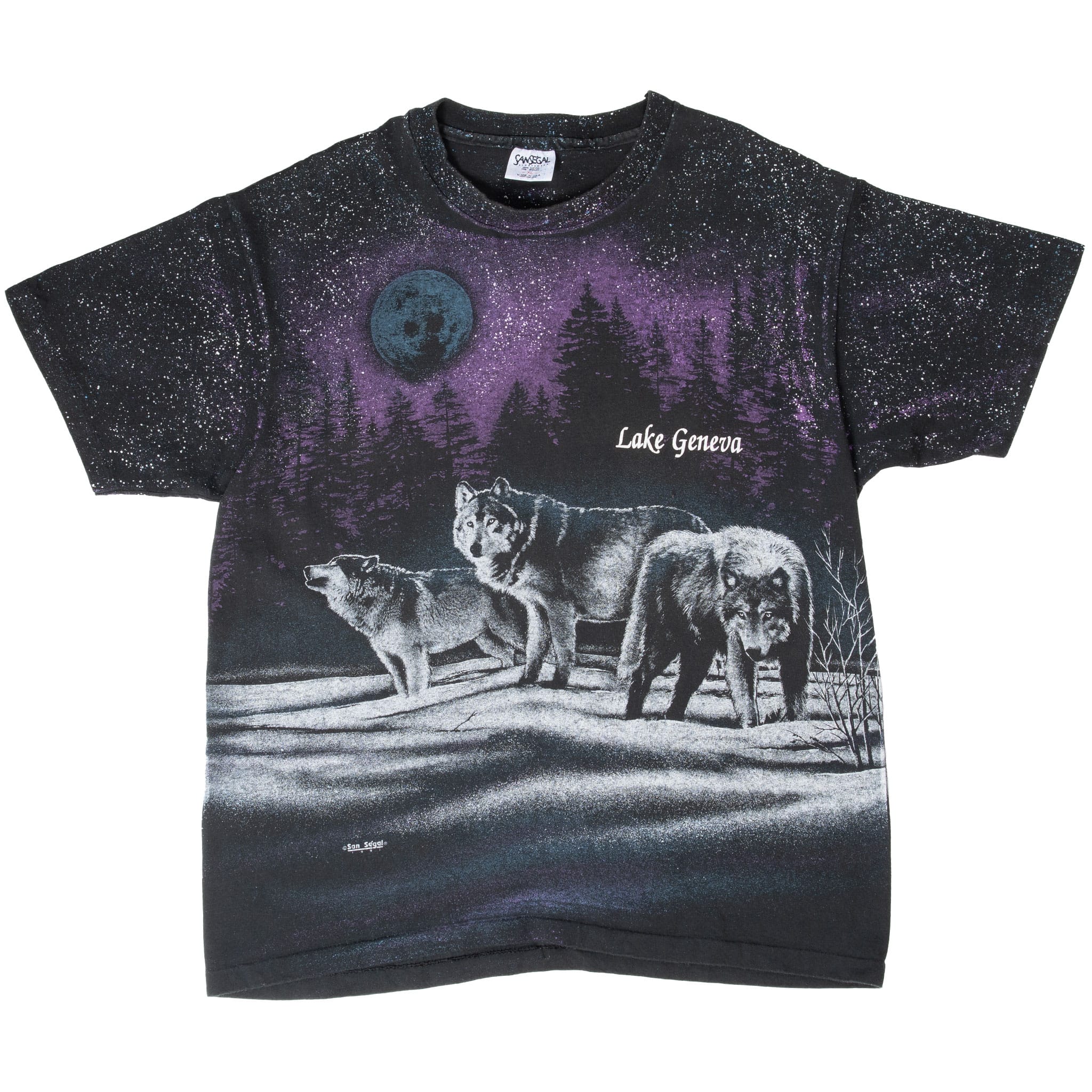VINTAGE ANIMAL PRINT WOLF LAKE GENEVA AOP TEE SHIRT 1991 LARGE MADE IN USA
