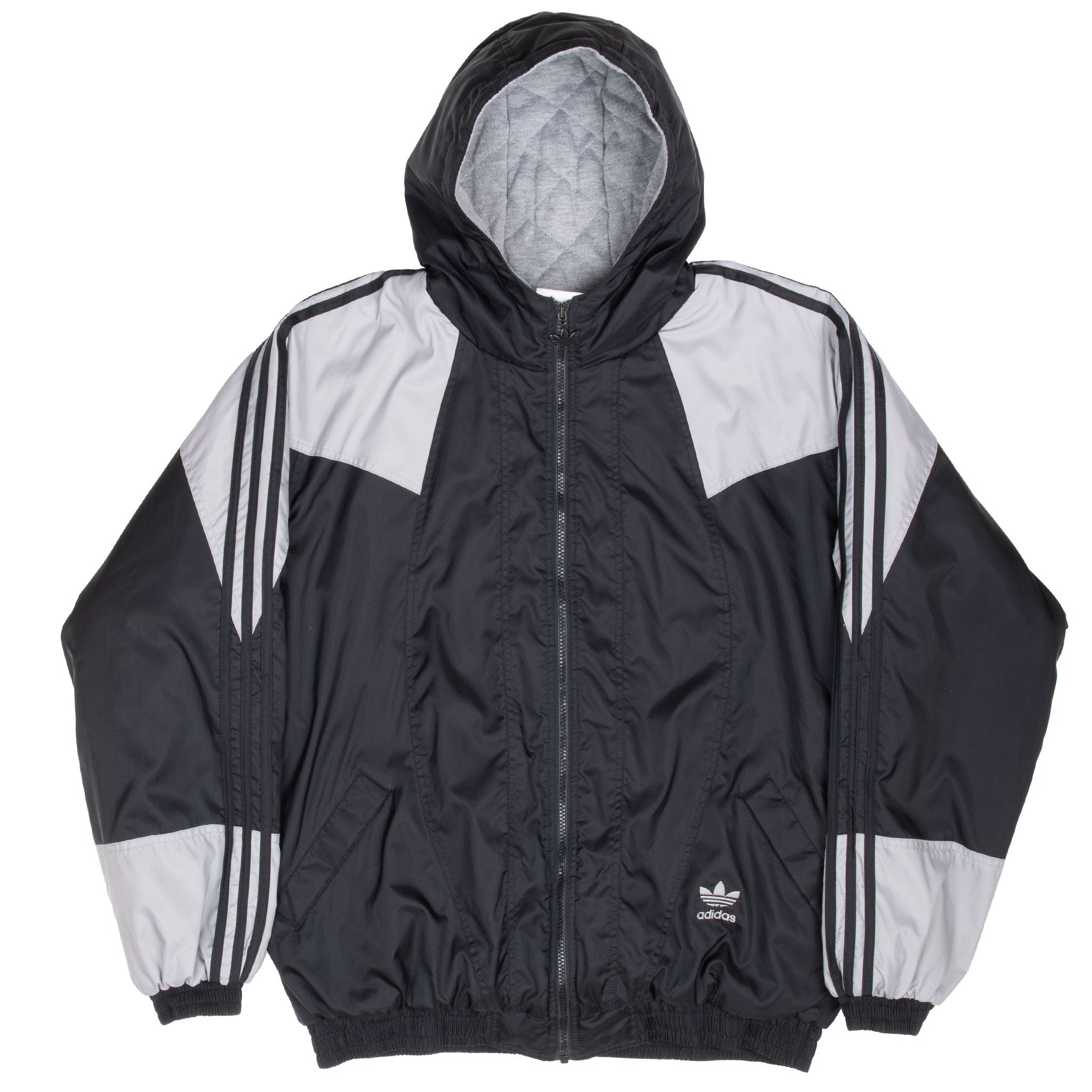 Vintage Adidas Black Grey Hooded Windbreaker Jacket 1990S Size Medium