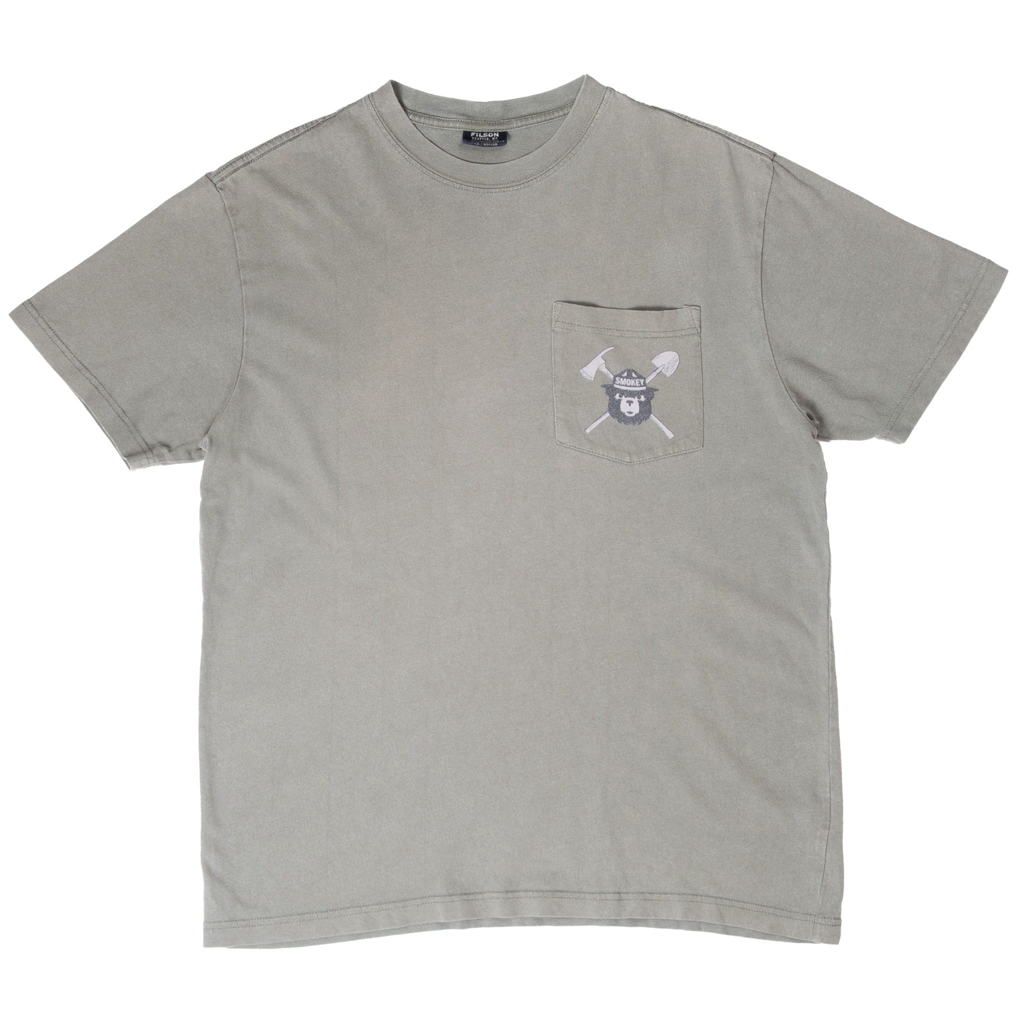 Front of green Filson crewneck T-shirt with Smokey Bear chest pocket graphic
