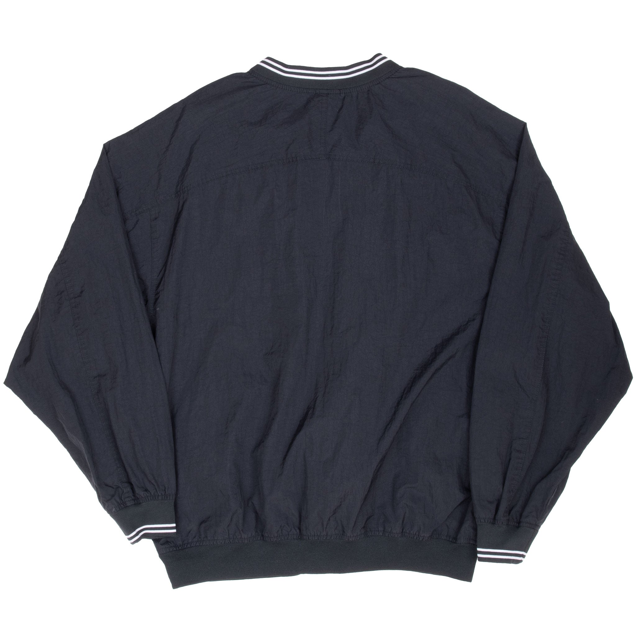 Back of black Nike pullover windbreaker with striped collar and cuffs