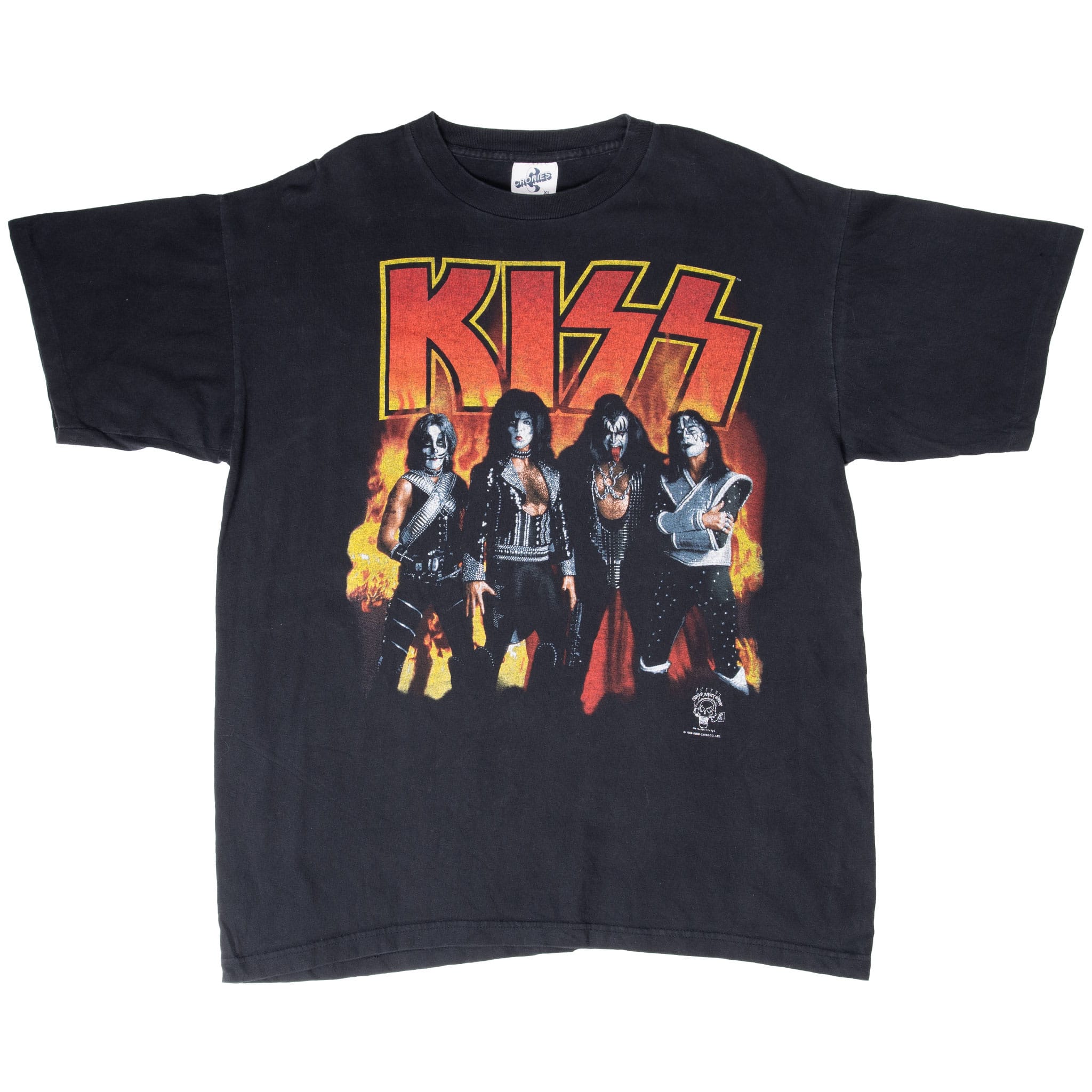Full front view of black KISS short-sleeve T-shirt with fiery band graphic