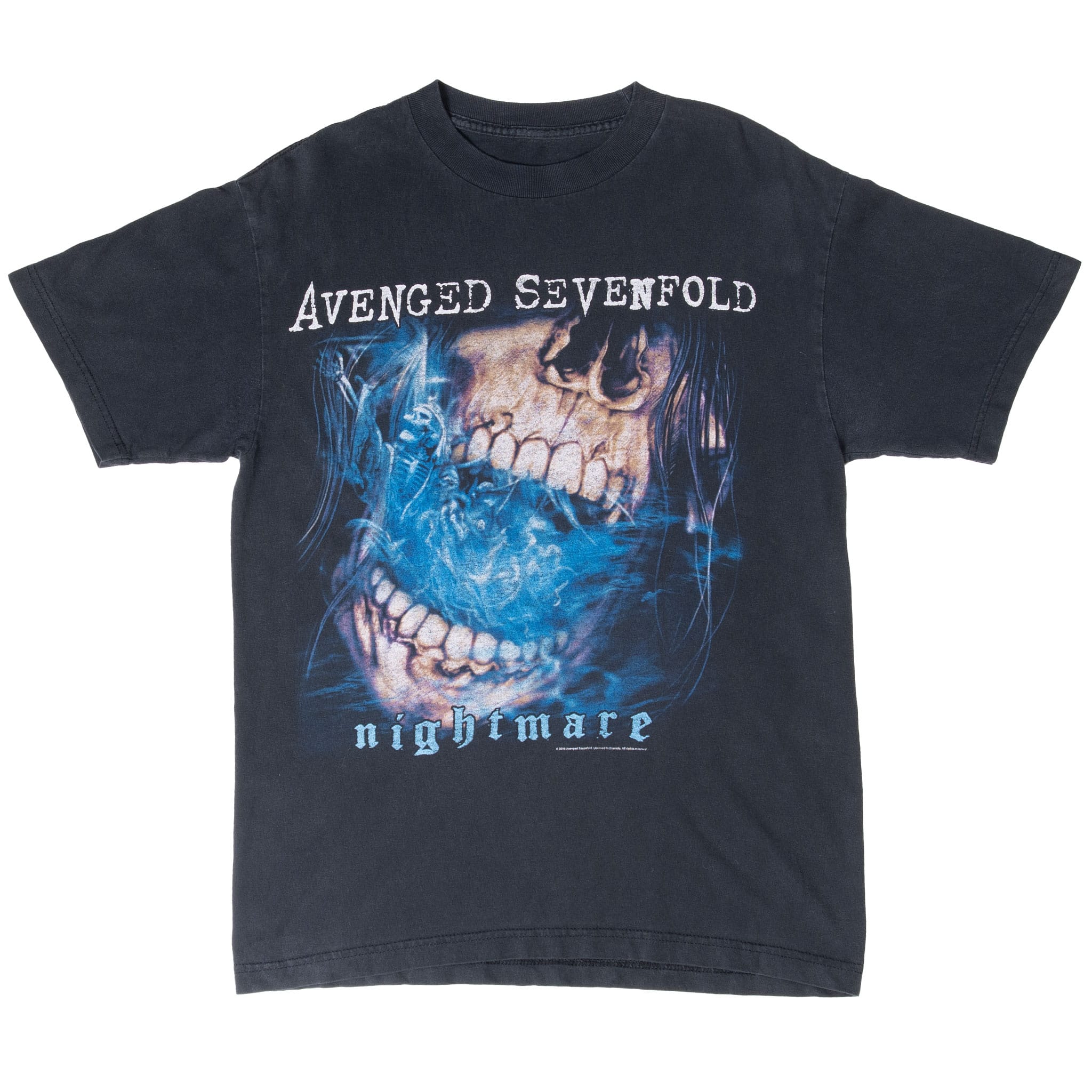 Full front view of black Avenged Sevenfold T-shirt with blue Nightmare skull print