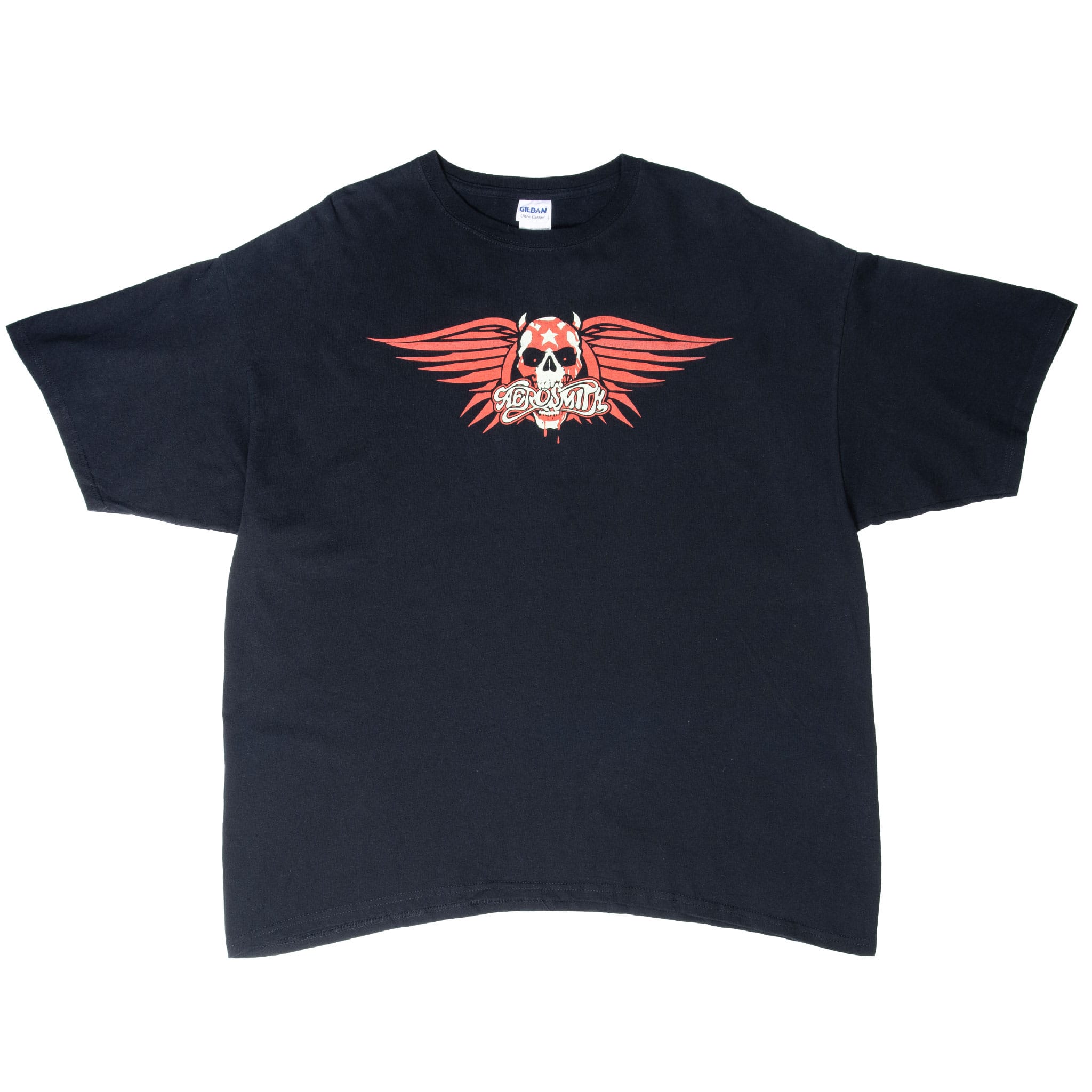 Full front of black Aerosmith short-sleeve T-shirt with centered winged skull graphic