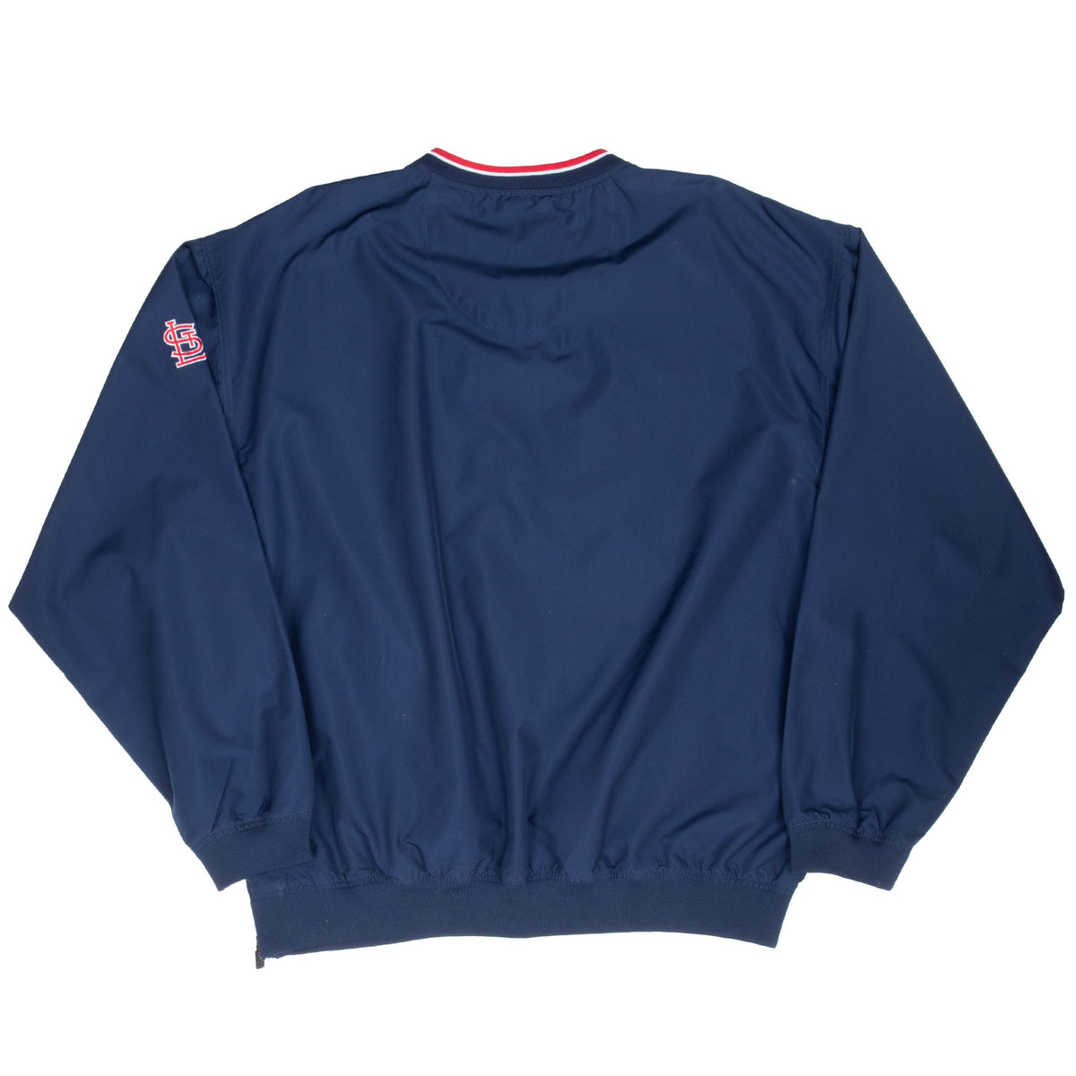 Back of navy Nike St. Louis Cardinals pullover windbreaker with sleeve detail