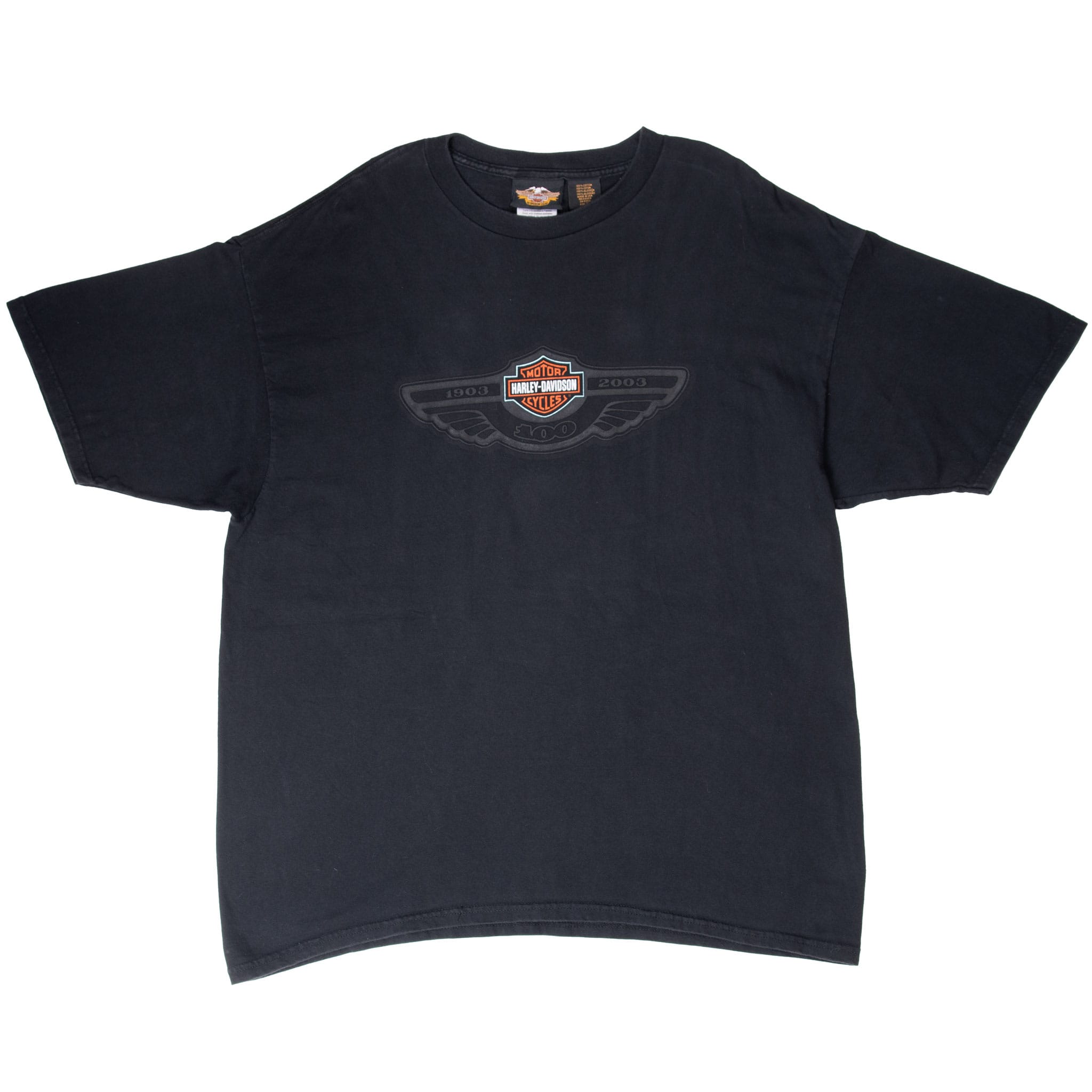 Full front of black Harley-Davidson 100th anniversary short-sleeve T-shirt