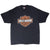 Full front view of black Harley-Davidson T-shirt with shield chest graphic